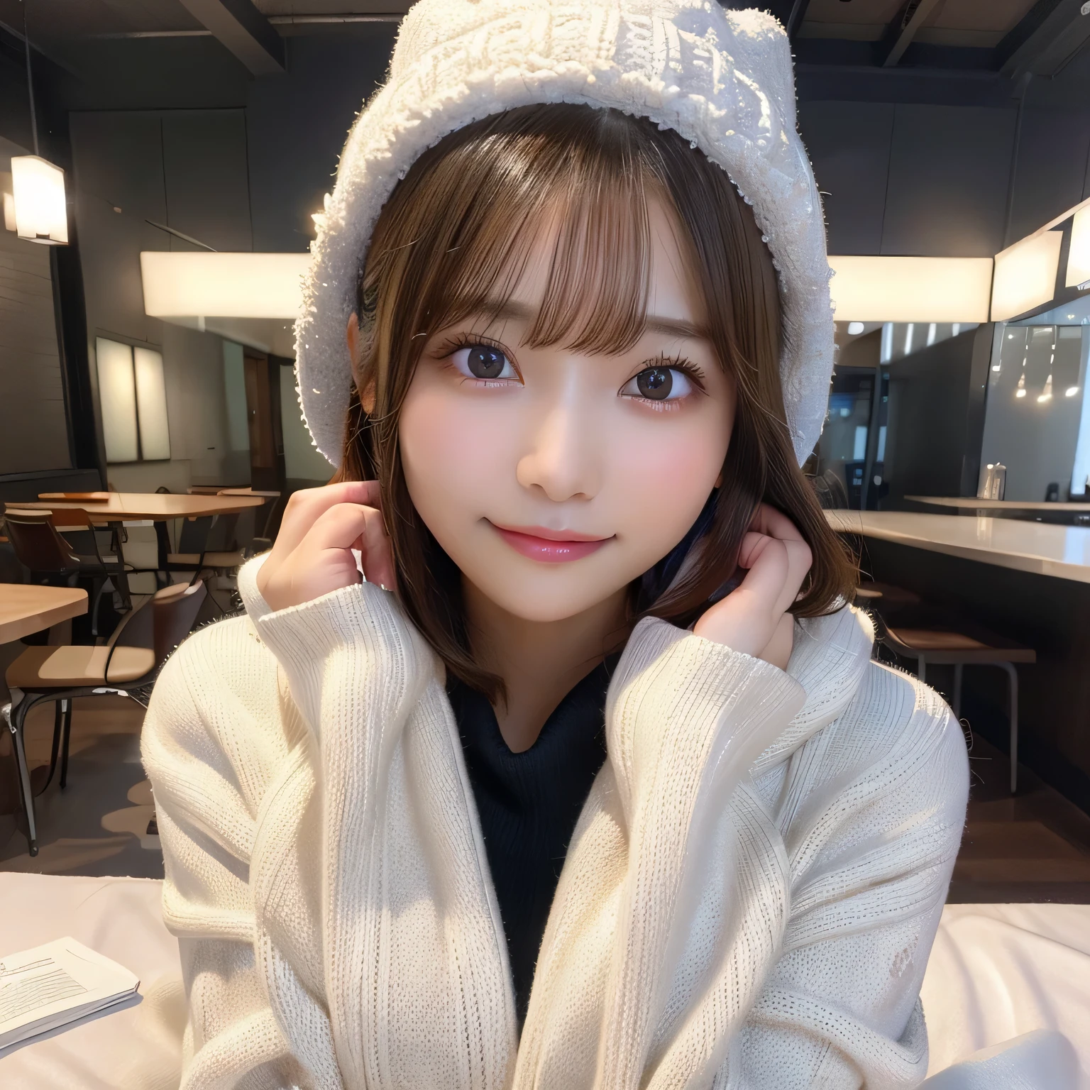 1 girl, (wear winter clothes:1.2), (immature, highest quality), (realistic, Photoreal:1.4), table top, very delicate and beautiful, very detailed, 2k wallpaper, wonderful, finely, very detailed CG Unity 8K 壁紙, Super detailed, High resolution, soft light, beautiful detailed girl, very detailed目と顔, eyes are brown,beautifully detailed nose, beautiful and detailed eyes, cinematic lighting, winter scenery, perfect anatomy, rich and big breasts, straight bob cut hair, bangs, looking at the viewer, slight smile,large size knit hat,thick muffler,Pure white sweater,open front wool coat,full body shot,、Nogizaka、beautiful black eyes:1.3、1 17-year-old schoolgirl