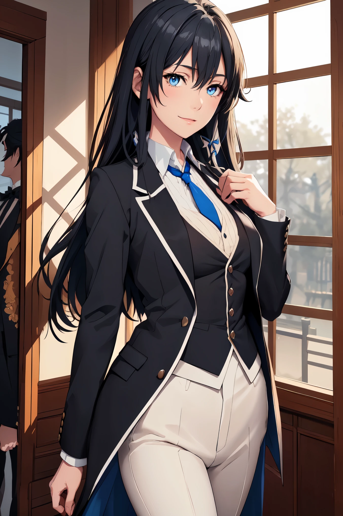 japan, highres, highest quallity, illustration,  ultra detailed, (detailed face), (detailed eyes), soft lighting, best quality, hazy glow, dreamy atmosphere, hyper detailed, masterpiece, 1girl, solo, Yukinoshita yukino ,woman in formal attractive tailcoat standing in a large alcove in the room , 1girl, solo, blue necktie, black hair, blue eyes, long hair, smile , collared shirt, white pants, white shirt , tailored tailcoat elegant , standing in front of a window ,tailcoat tailored to elegant . Featuring striking Victorian theme and crafted from the lustrous fabric