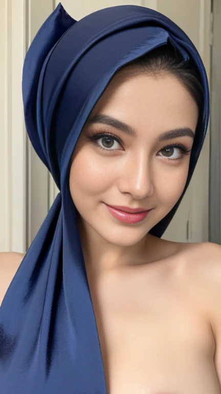 Masterpiece, realistic, best quality, best lighting, 1 pretty girl with angelic face, ((full body photo shot head to toe)), beautifully makeup, eyeshadow, Parted Lips, Detailed Eyes, beautiful big eyes, long eye lashes, smile, wearing ((Dark blue satin headscarf)), loosely tide hijab style, (Detailed Strapless sexy lace trimmed seethru corset, open breast, breast out, nude, nipples, Rounded Breast), very big breast, cooking in the yard, seducing, sexy pose