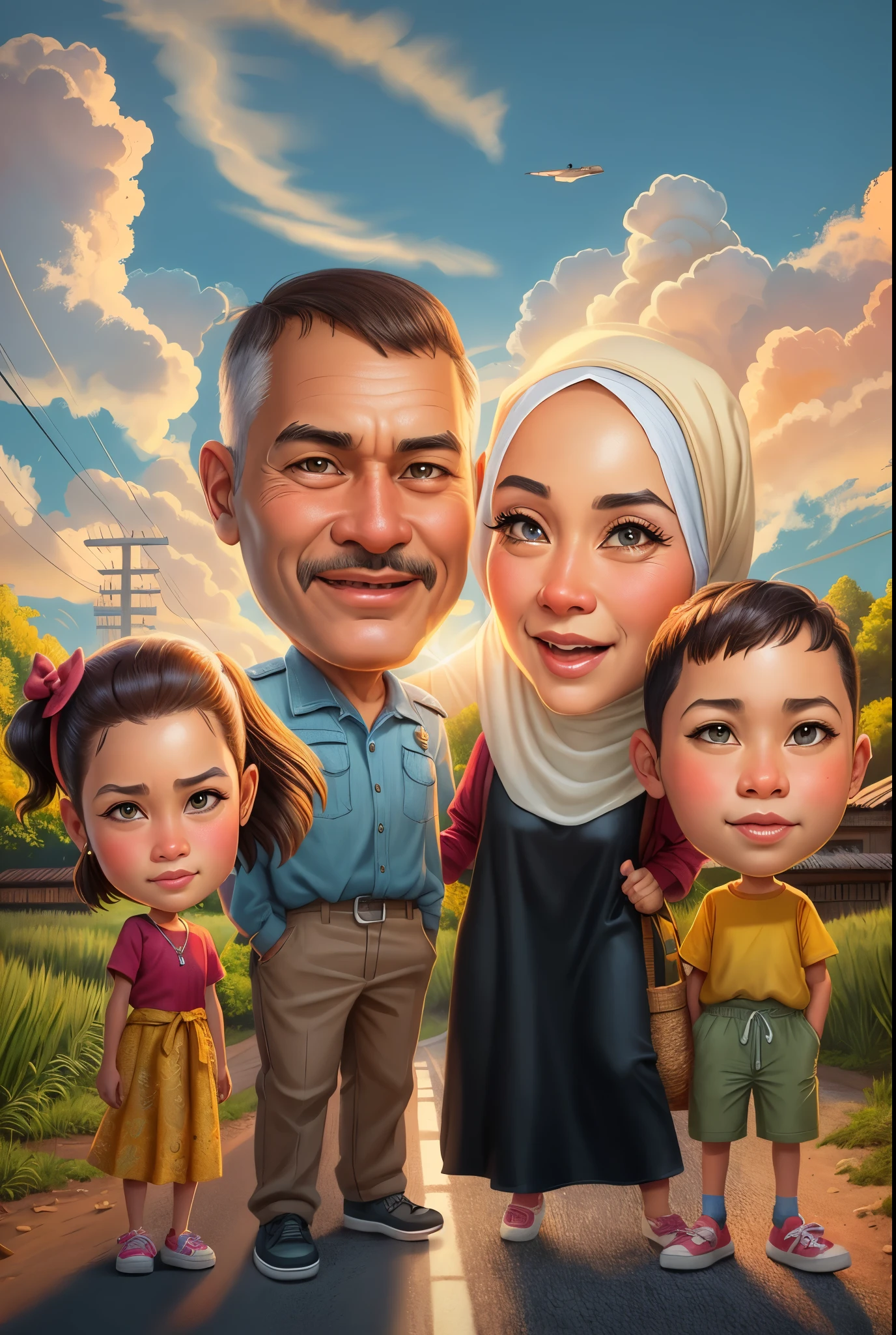 cartoon of a family of three standing on a road with a sky background, Dad is wearing a cream shirt, Mother wears the hijab, an indonesian family portrait, caricature illustration, in cartoon style, cartoon digital painting, cartoon style illustration, caricature style, happy family, digital cartoon painting art, cartoon digital art, digital art cartoon, potrait, cartoon artstyle, cartoon portrait, realistic cartoon, cartoon art, style of cartoon, hiperrealism, detail, 8k