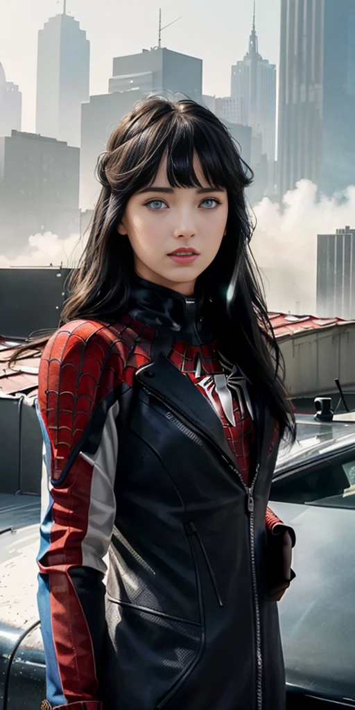 (1girl:1.3), Solo, (((Very detailed face)))), ((Very detailed eyes and face)))), Beautiful detail eyes, Body parts__, Official art, Unified 8k wallpaper, Super detailed, beautiful and beautiful, beautiful, masterpiece, best quality, original, masterpiece, super fine photo, best quality, super high resolution, realistic realism, sunlight, full body portrait, amazing beauty, dynamic pose, delicate face, vibrant eyerom the front), She wears Spider-Man suit, red and black color scheme, spider, very detailed city roof background, rooftop, overlooking the city, detailed face, detailed complex busy background, messy, gorgeous, milky white, highly detailed skin, realistic skin details, visible pores, clear focus, volumetric fog, 8k uhd, DSLR, high quality, film grain, fair skin, photo realism, lomography, futuristic dystopian megalopolis, translucent