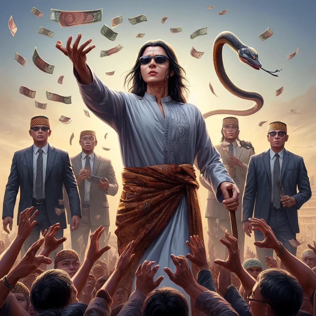 Masterpiece Realistic Cinematic illustration 8K poster design, a speaker man with long straight hair, face clean without a beard, sun glasses, wearing a typical Javanese head covering, muslim shirt, carrying a wooden snake stick, is throwing money rupiah to the audience, there are bodyguards wearing suits, outdoor stage atmosphere.