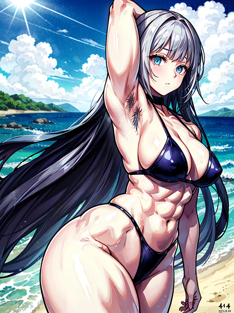(((masterpiece、Highest image quality、highest quality、highly detailed unity 8kwallpaper)))、((Illustration of one girl))、(((beautiful girl)))、((white hair、short hair、light blue eyes))、(((stocky build, thickset physique, muscular legs:1.4, broad shoulders, solid chest)))、(((White hairs、hairy armpits:1.4)))、(armpit hair:1.4)、swimsuit、sandy beach