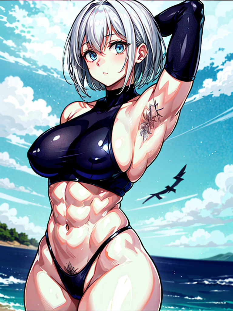 （（（masterpiece、Highest image quality、highest quality、highly detailed unity 8ｋwallpaper）））、（（Illustration of one girl））、（（（beautiful girl）））、（（white hair、short hair、light blue eyes））、（（（stocky build, thickset physique, muscular legs：1.４, broad shoulders, solid chest）））、（（（White hairs、hairy armpits：1.4）））、(armpit hair:1.4)、swimsuit、sandy beach