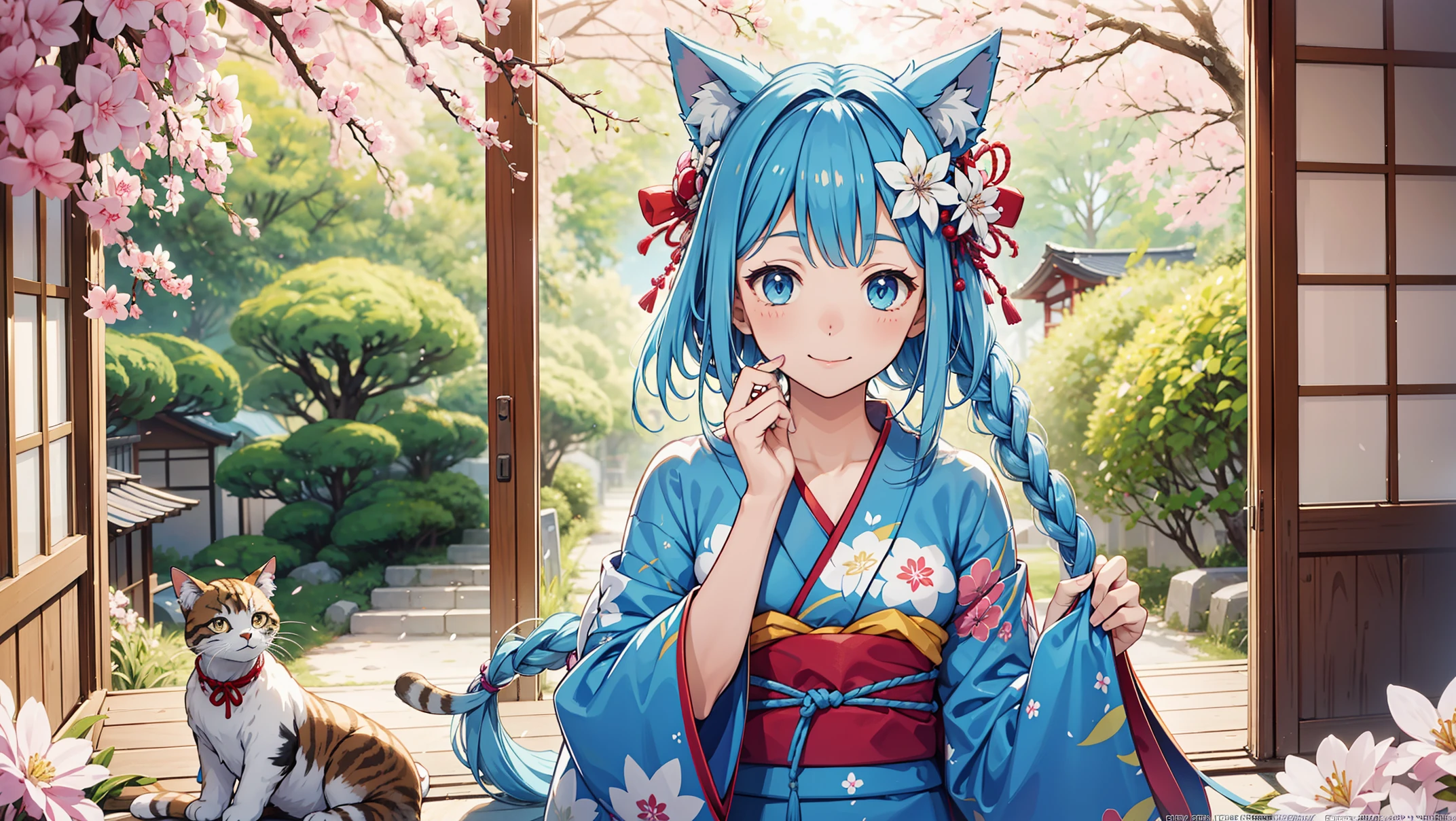 1girl, solo, blue hair, bangs, yukata, japan, cherry blossoms, hair ornament, Create digital artwork in the anime style, a white woman, Movie color scheme, Vibrant brushstrokes, Drawing, illustration, white eyes, with cat ears, next to window, 4K, High Quality, one person, Happy Face, happy face, sunny