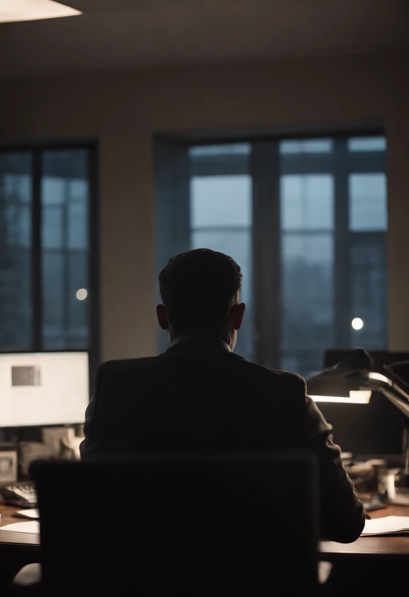 silhouette of an anonymous man working in a dark office, cor predominante preta rosto oculto nas sombras, luz indireta, shipping for camera, 3 monitores