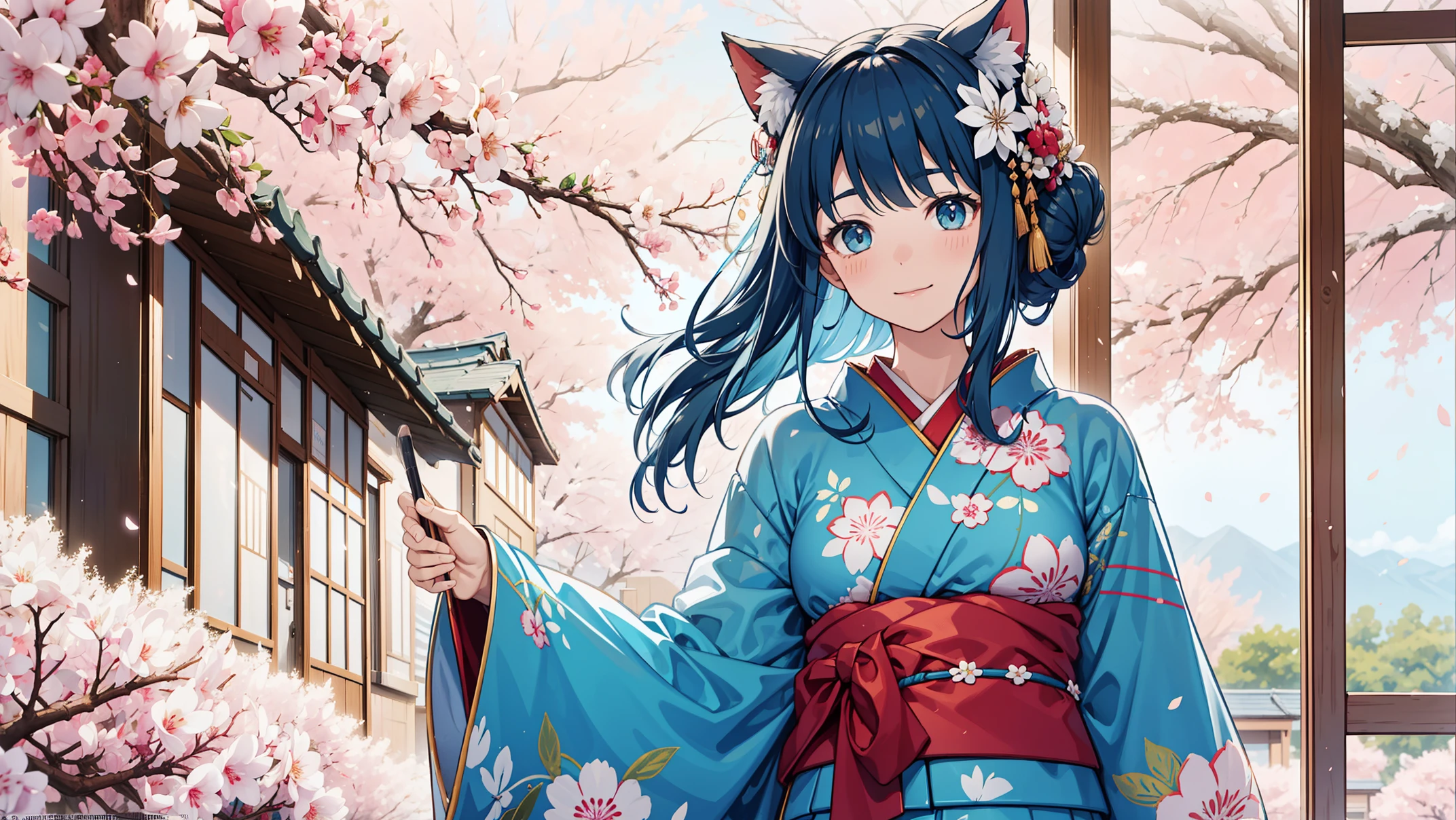 1girl, solo, blue hair, bangs, yukata, japan, cherry blossoms, hair ornament, Create digital artwork in the anime style, a white woman, Movie color scheme, Vibrant brushstrokes, Drawing, illustration, white eyes, with cat ears, next to window, 4K, High Quality, one person, Happy Face, happy face, sunny