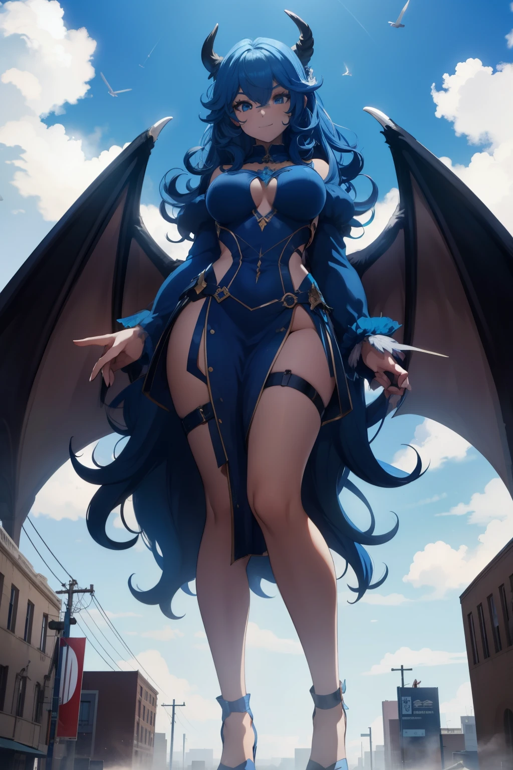 Giant girl 5000 feet tall, Has a pair of huge devil wings,Has waist-length blue hair,hair scattered,Wear a pair of high heellue curly hair,A look of enjoyment,Standing upright in a small city