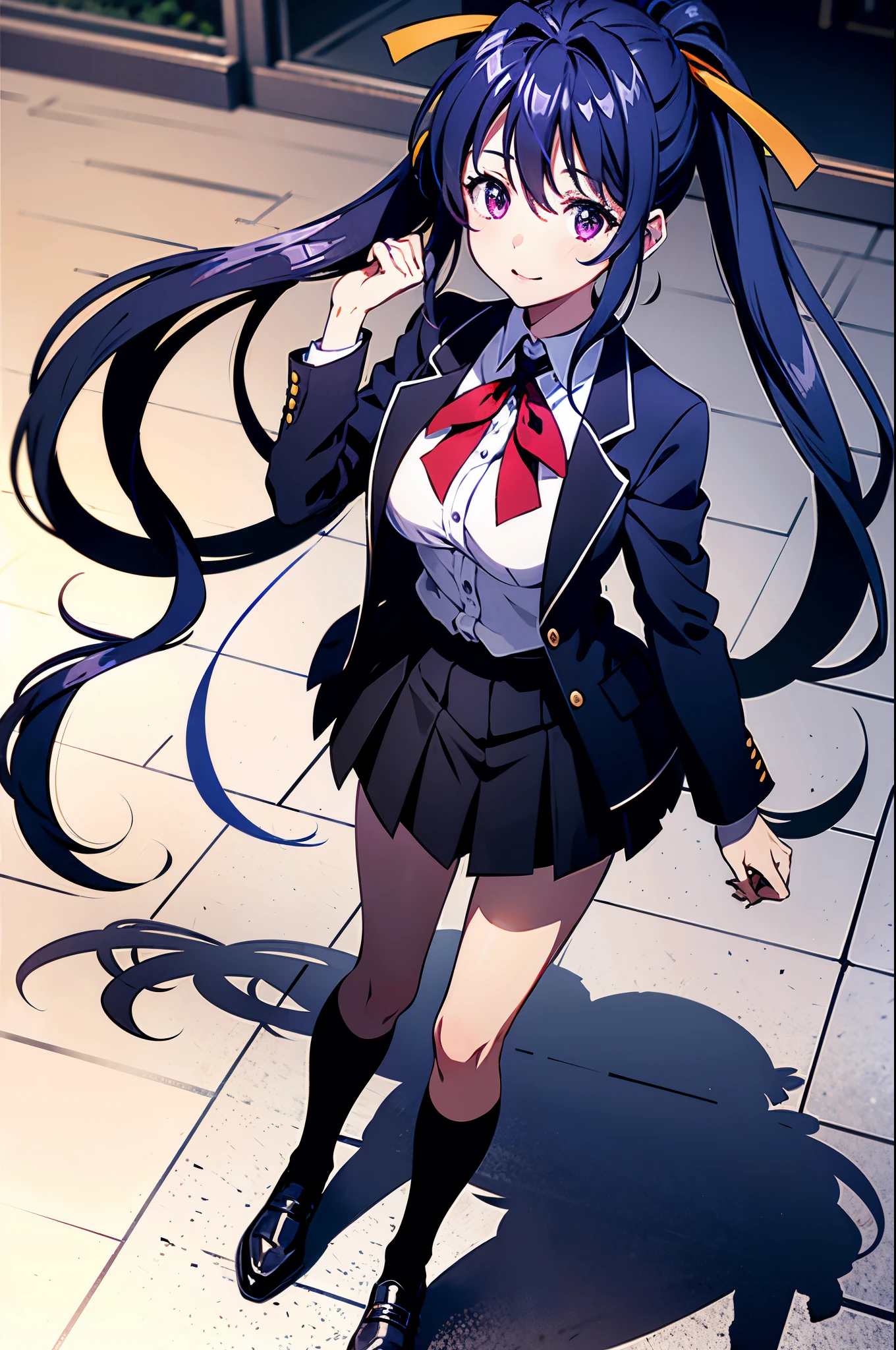 akane, 1girl, solo, long hair, skirt, large breasts, black hair, ribbon, very long hair, school uniform, blue hair, purple eyes, full body, hair ribbon, ponytail, socks, masterpiece, 