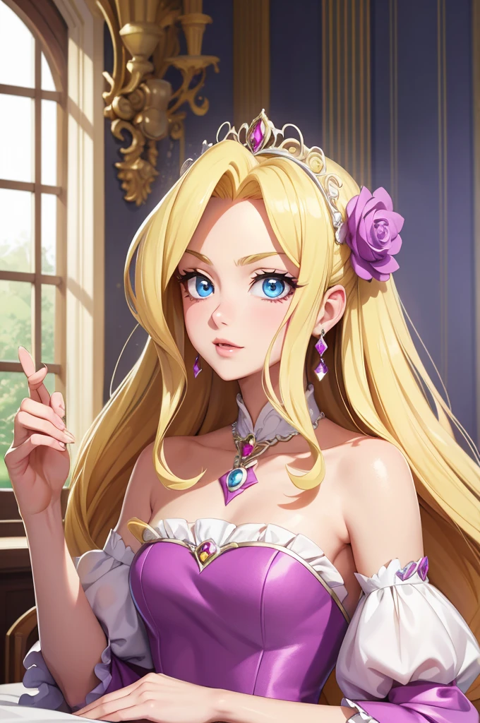 silk rococo dress,villain,noble、blonde blue eyes,A little more adult、long blonde hair,glamorous,Precure,gorgeous details