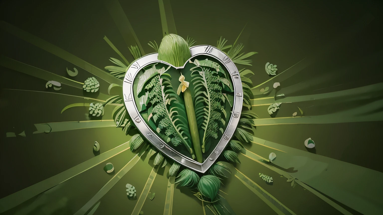 Create an illustration that (((represents the horsetail plant))) as a {shield to protect the heart}. Draw a stylized shield, with [details that resemble horsetail stems and leaves]. Around the shield, draw small particles of cholesterol being blocked and transformed into healthy elements by the protective energy of the horsetail, like strong hearts or symbols of health.