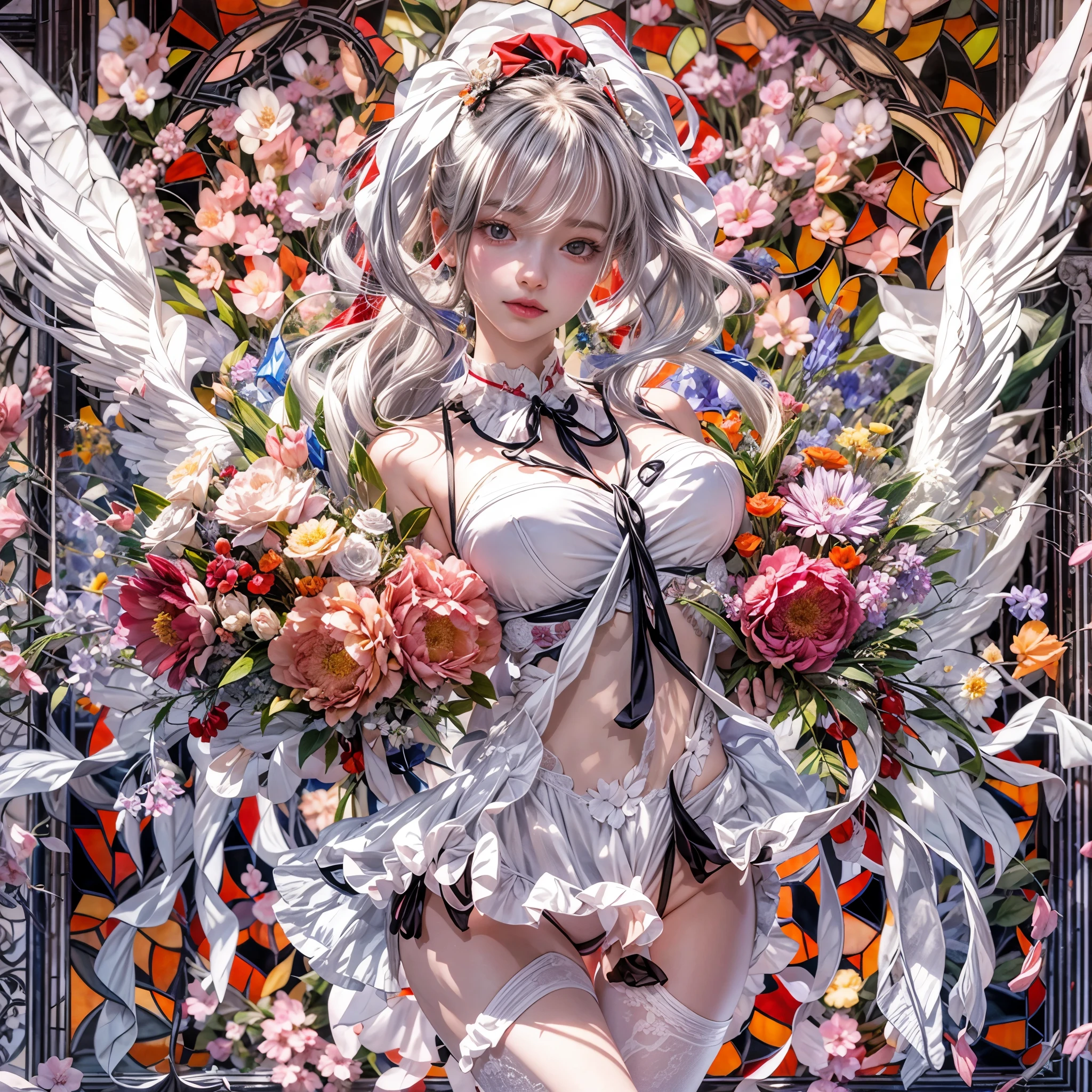(White and Red, Acutance:0.8), Masterpiece, (physically-based rendering with ultra-detailed, (realistic and (photorealistic:1.37) with touch of rawness)). A group of KAWAII girls in opened school uniform without brassiere . ((extremely detailed KAWAII face variations) with joyful expressions), { Navel | pretty Ass | Overflowing underboob | (White panties) with blood only in crotch area | (full of Flowers covering girl's body) | (Dazzling colorful stained glass with delicate details:1.2) } . (Exposed:1.2), ((nipple:-0.9)), (not Detailed fingers:-0.9) .