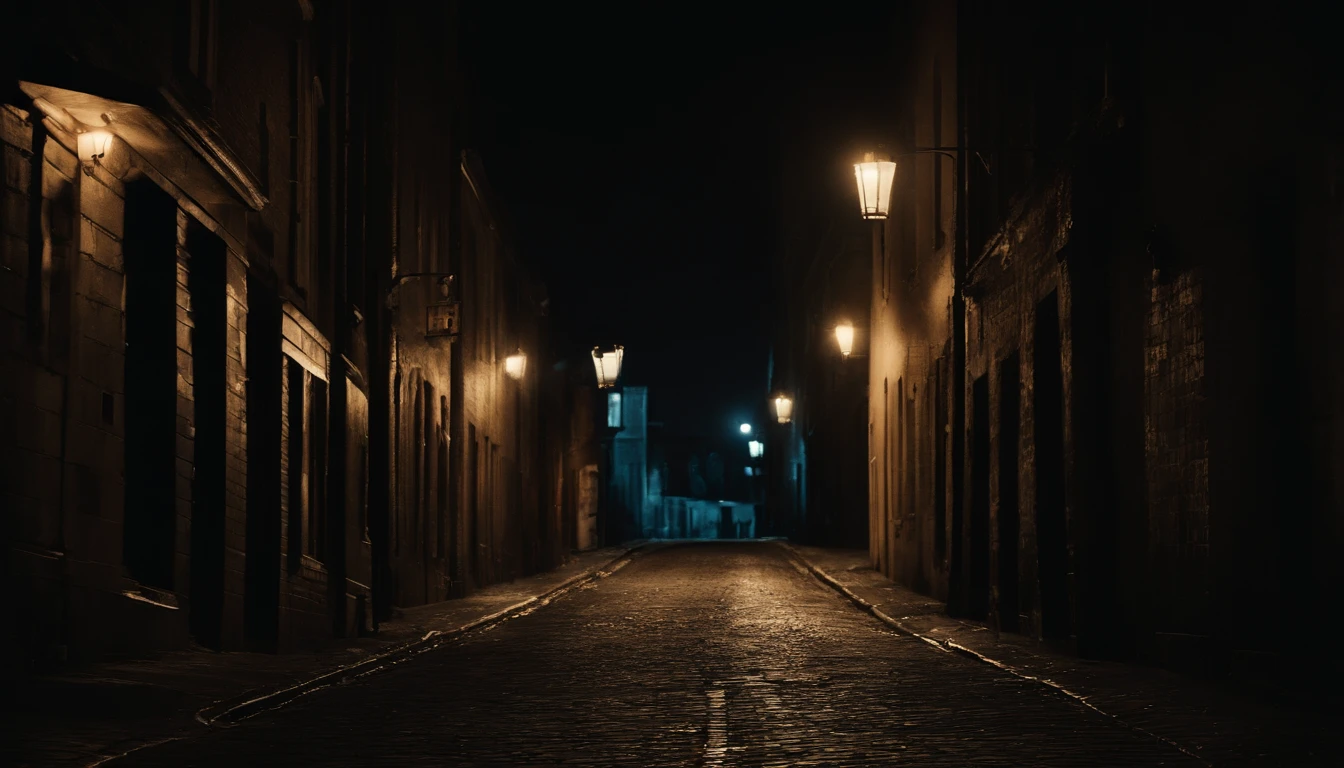 "The Dark Alley": Capture the eerie atmosphere of the dimly lit street at night, with shadows looming and a sense of danger in the air.