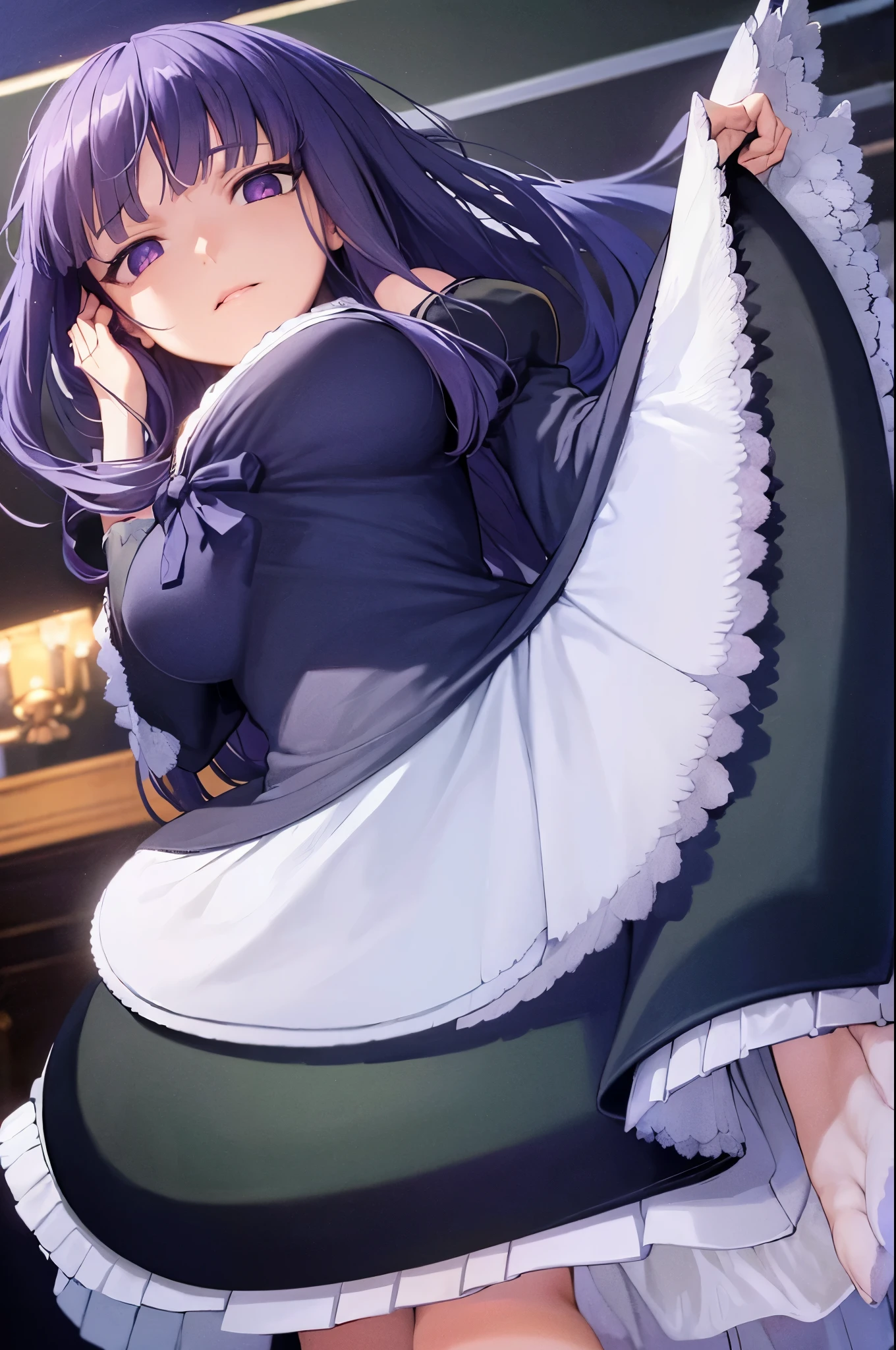 ((frederica bernkastel)) (best quality)), ((masterpiece)), (detailed), perfect face , dark blue hair, blunt bangs, hime cut, long hair, solo, 1girl, purple eyes, expressionless, gothic dress, lying, blue ribbon, spread arms, blank eyes, breasts,