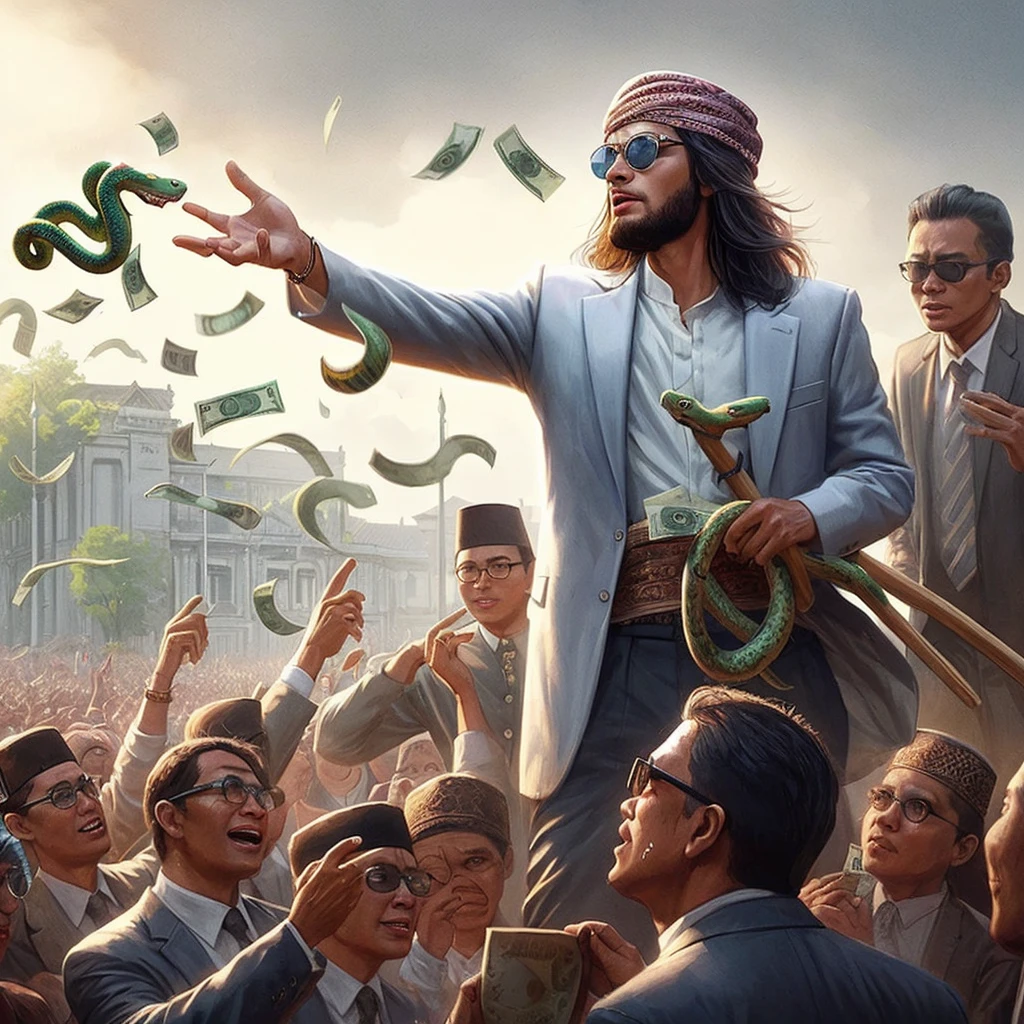 Masterpiece Realistic Cinematic illustration 8K poster design, a speaker man with long straight hair, face clean without a beard, sun glasses, wearing a typical Javanese head covering, muslim shirt, carrying a wooden snake stick, is throwing money rupiah to the audience, there are bodyguards wearing suits, outdoor stage atmosphere.