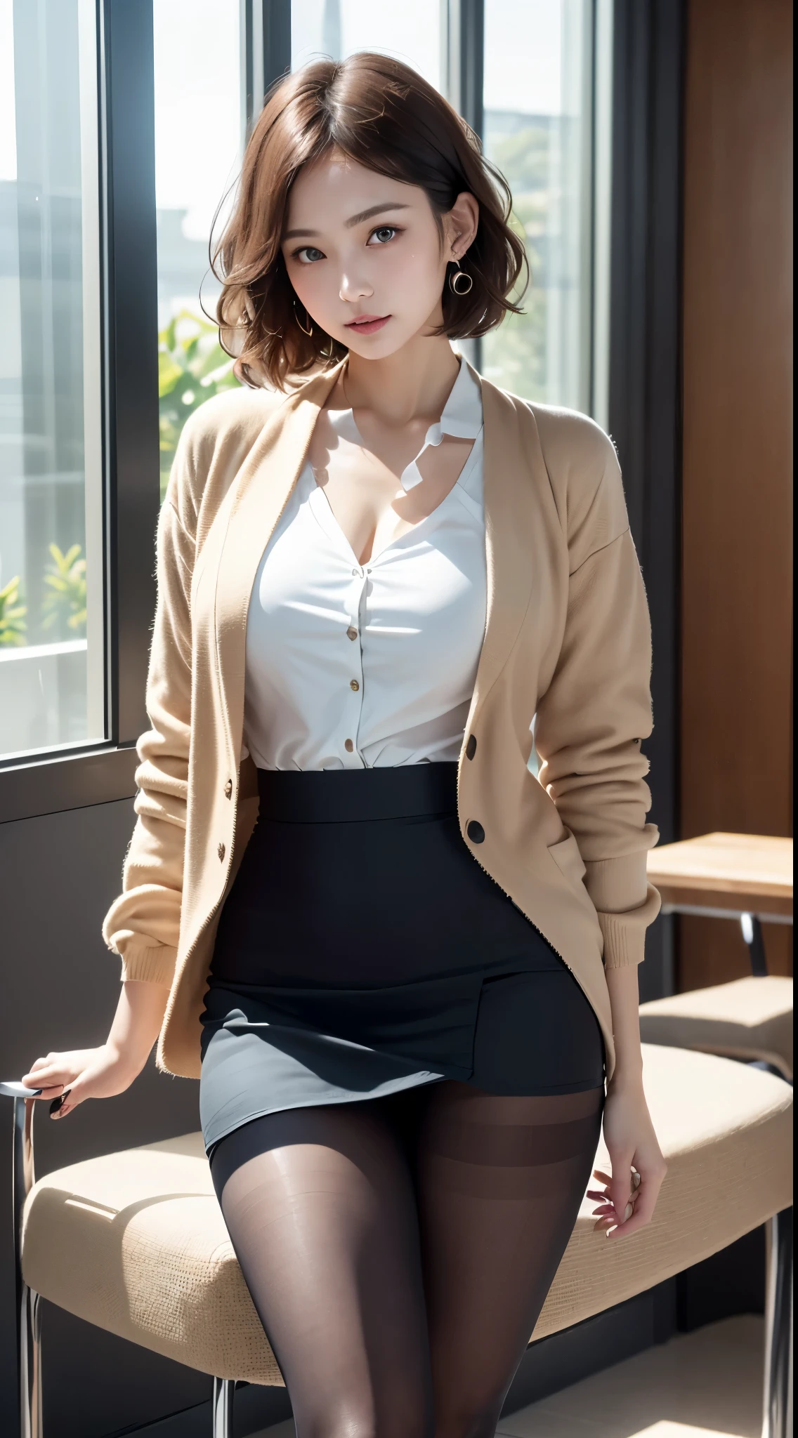 table top, highest quality, Photoreal, finely, High resolution, 8k wallpaper, perfect dynamic composition, beautiful blue eyes、Accurate representation of anatomical structures, (((pixie cut、wavy))), big and full breasts, random sexy pose,chest to chest、(Breast bulge 1.2)、laughter、open your mouth、resort scenery、(((42 years old)))、(droopy eyes 1.4)、 beauty、Japanese、(mole under left eye、Kuroko on the right side of the mouth)、delicate, masterpiece, beautiful details, colorful, exquisite details, delicateな唇, dense chest,  (open jacket,shirt, skirt,tie, black pantyhose,Christian Louboutin), earrings, necklace, armband,  (美feet,  skinny, slim_feet, thigh_gap, model),  Seen from the front, (cool expressions), dynamic pose up), (Sitting in a large office boss chair))