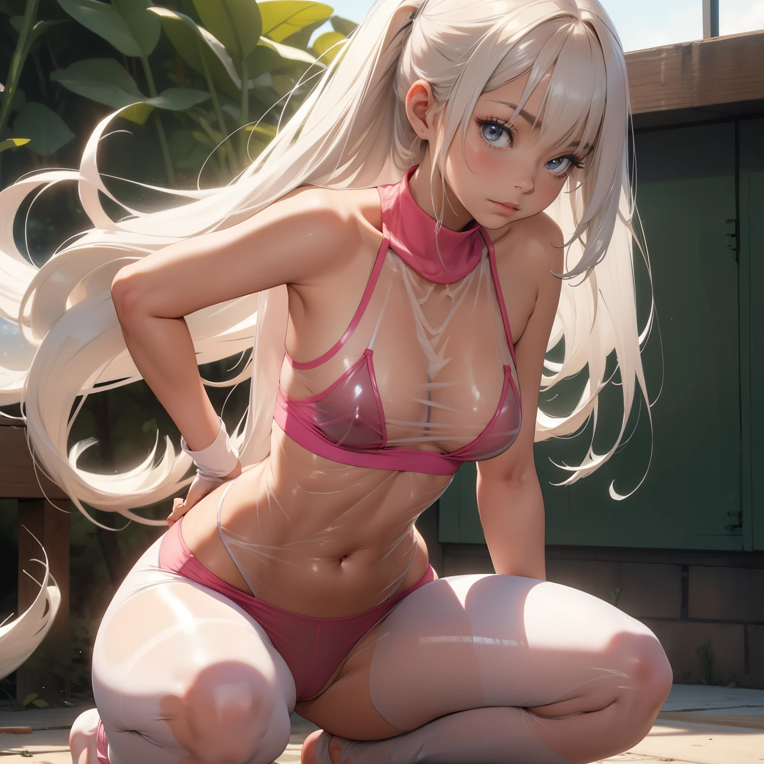 (quality)), ((masterpiece)), Recommended resultsluffly、(see through:1.5)、full body lesbian、Squat down、、straighten your back、(Keep hips forward:1.)、、spread 、The slender one、huge tits、angle to floor:1.2、low camera angle、There white liquid flowing out of the crotch、Whole body facing the camera,pink latex,yoga clothes,
