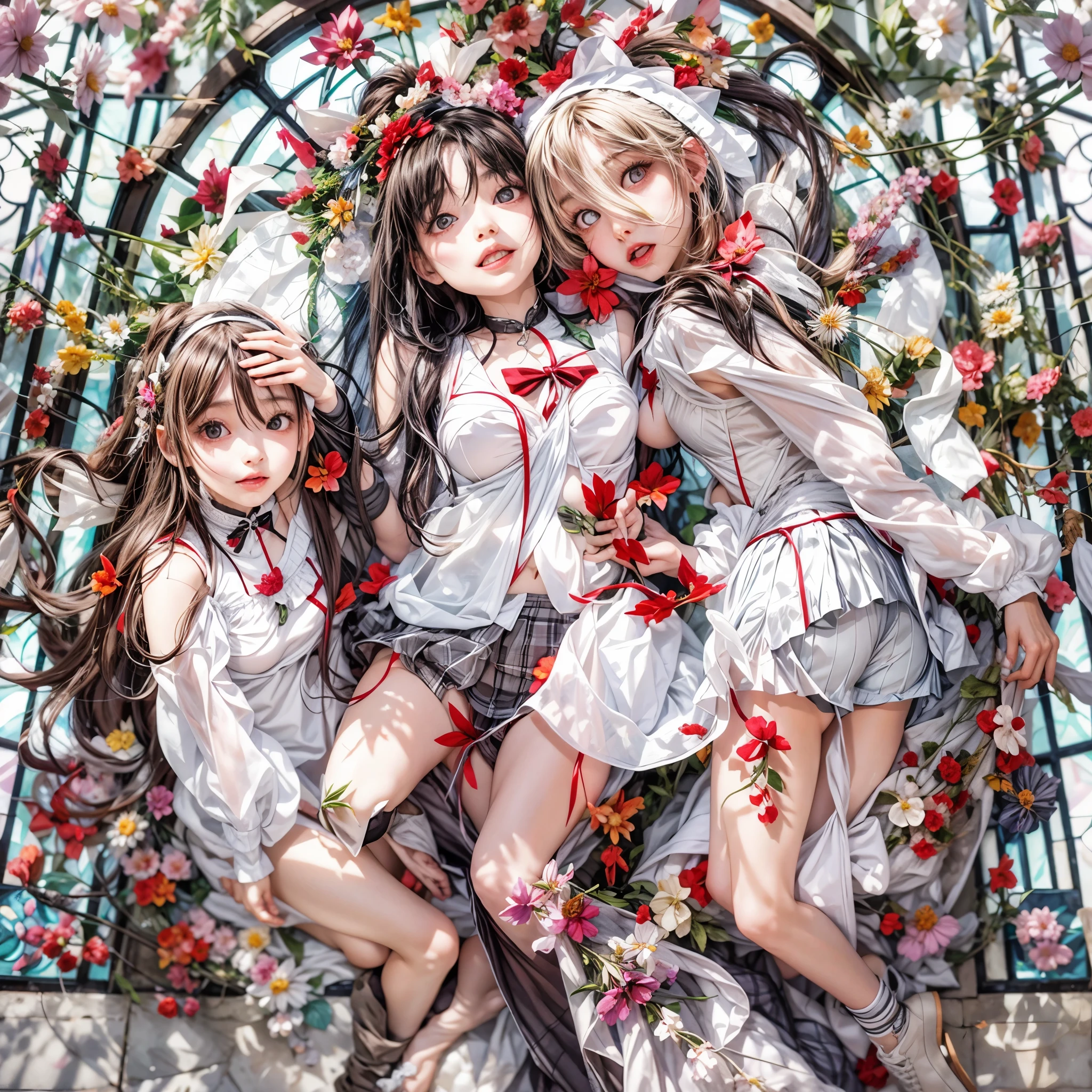 (White and Red, Acutance:0.8), Masterpiece, (physically-based rendering with ultra-detailed, (realistic and (photorealistic:1.37) with touch of rawness)). A group of KAWAII girls in opened school uniform without brassiere . ((extremely detailed KAWAII face variations) with joyful expressions), { Navel | pretty Ass | Overflowing underboob | (White panties) with blood only in crotch area | (full of Flowers covering girl's body) | (Dazzling colorful stained glass with delicate details:1.2) } . (Exposed:1.2), ((nipple:-0.9)), (not Detailed fingers:-0.9) .