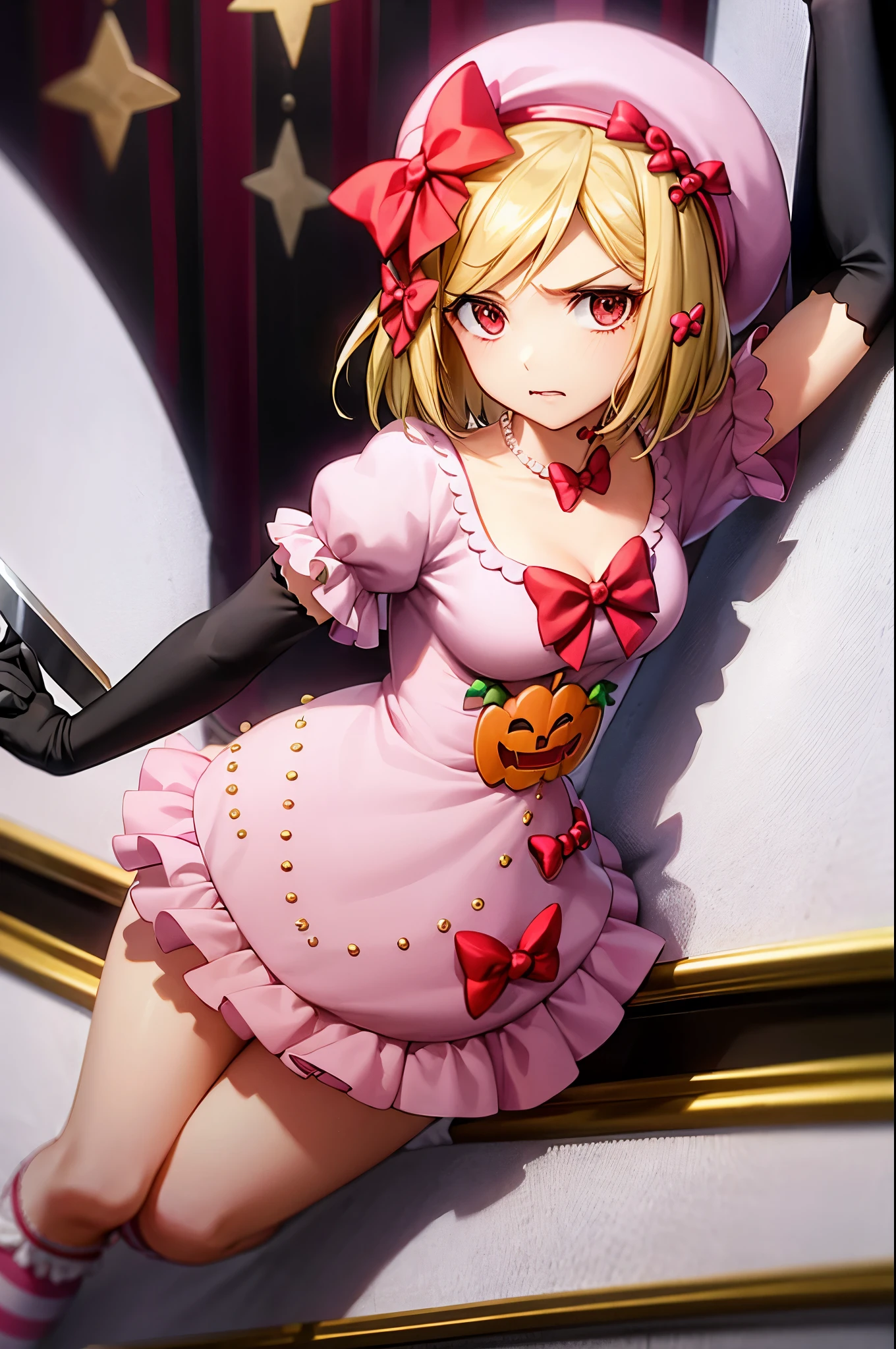 Lambdadelta, dress, bow, red shoes, striped stockings, red bow, pink hat, necklace, gloves, pearl, pumpkin brooch,lying on bed, looking at viewer, cleavage, expressionless, holding kitchen knife, blood.