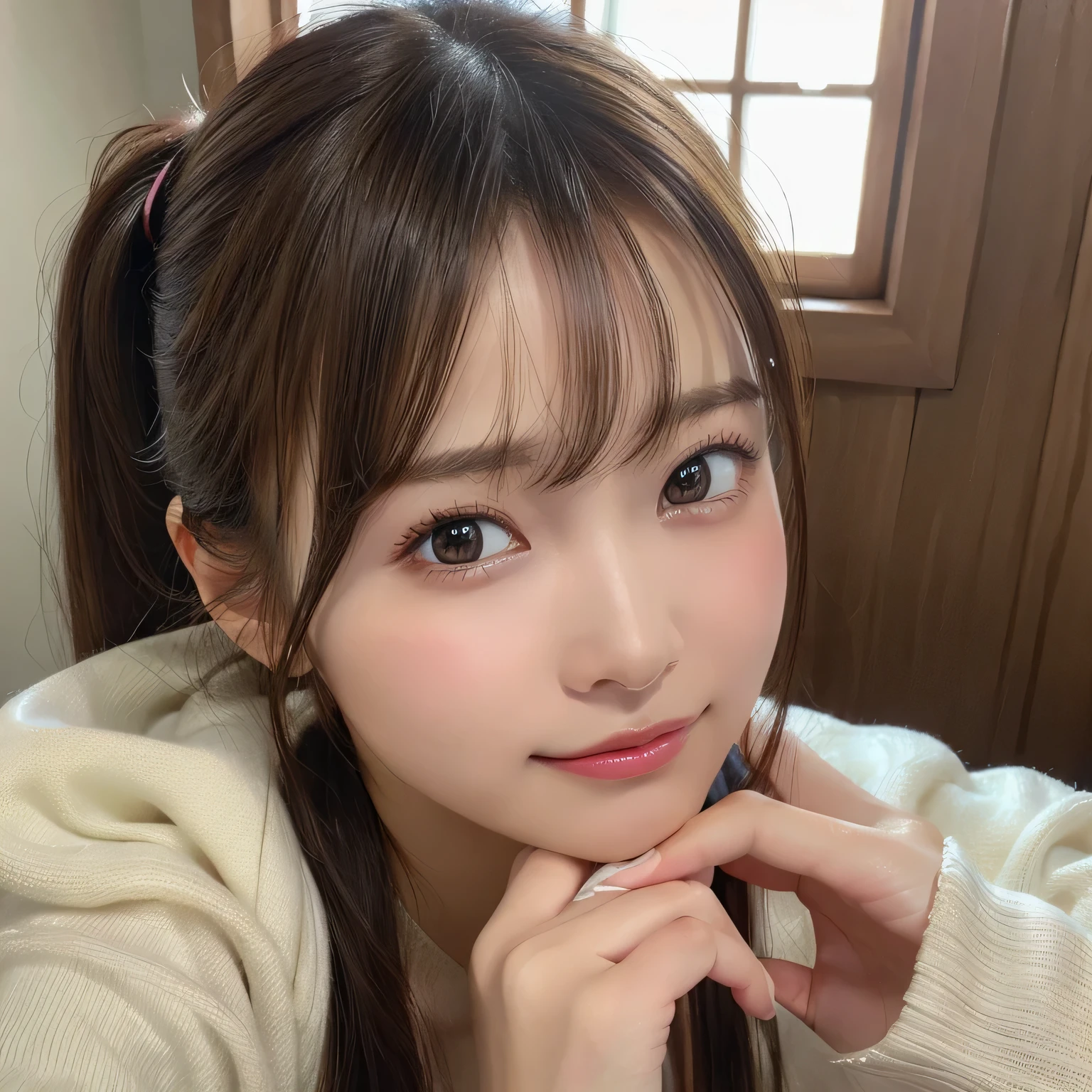 (8K、RAW photo、highest quality、masterpiece:1.2)、(realistic、Photoreal:1.37)、Super detailed、 beautiful detailed girl, very detailed eyes and face, eyes are brown,beautifully detailed nose, beautiful and detailed eyes, cinematic lighting, perfect anatomy, rich and big breasts, ultra high resolution、1 girl、see the beholder、beautiful and detailed face、laughter、narrow、(slim waist) :1.3)、shirt、beautiful and smooth skin、skin texture、floating hair、professional lighting、knit sweater、ponytail hair、Nogizaka、beautiful black eyes:1.3、1 17-year-old schoolgirl