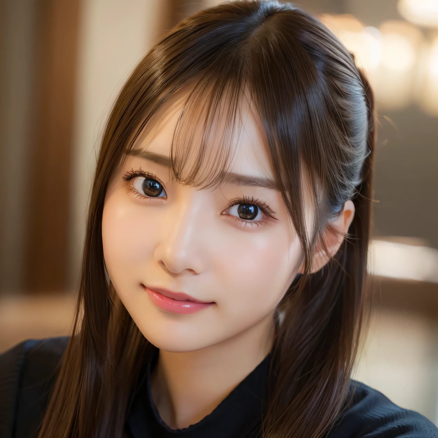 (8K、RAW photo、highest quality、masterpiece:1.2)、(realistic、Photoreal:1.37)、Super detailed、 beautiful detailed girl, very detailed eyes and face, eyes are brown,beautifully detailed nose, beautiful and detailed eyes, cinematic lighting, perfect anatomy, rich and big breasts, ultra high resolution、1 girl、see the beholder、beautiful and detailed face、laughter、narrow、(slim waist) :1.3)、shirt、beautiful and smooth skin、skin texture、floating hair、professional lighting、knit sweater、ponytail hair、Nogizaka、beautiful black eyes:1.3、1 17-year-old schoolgirl