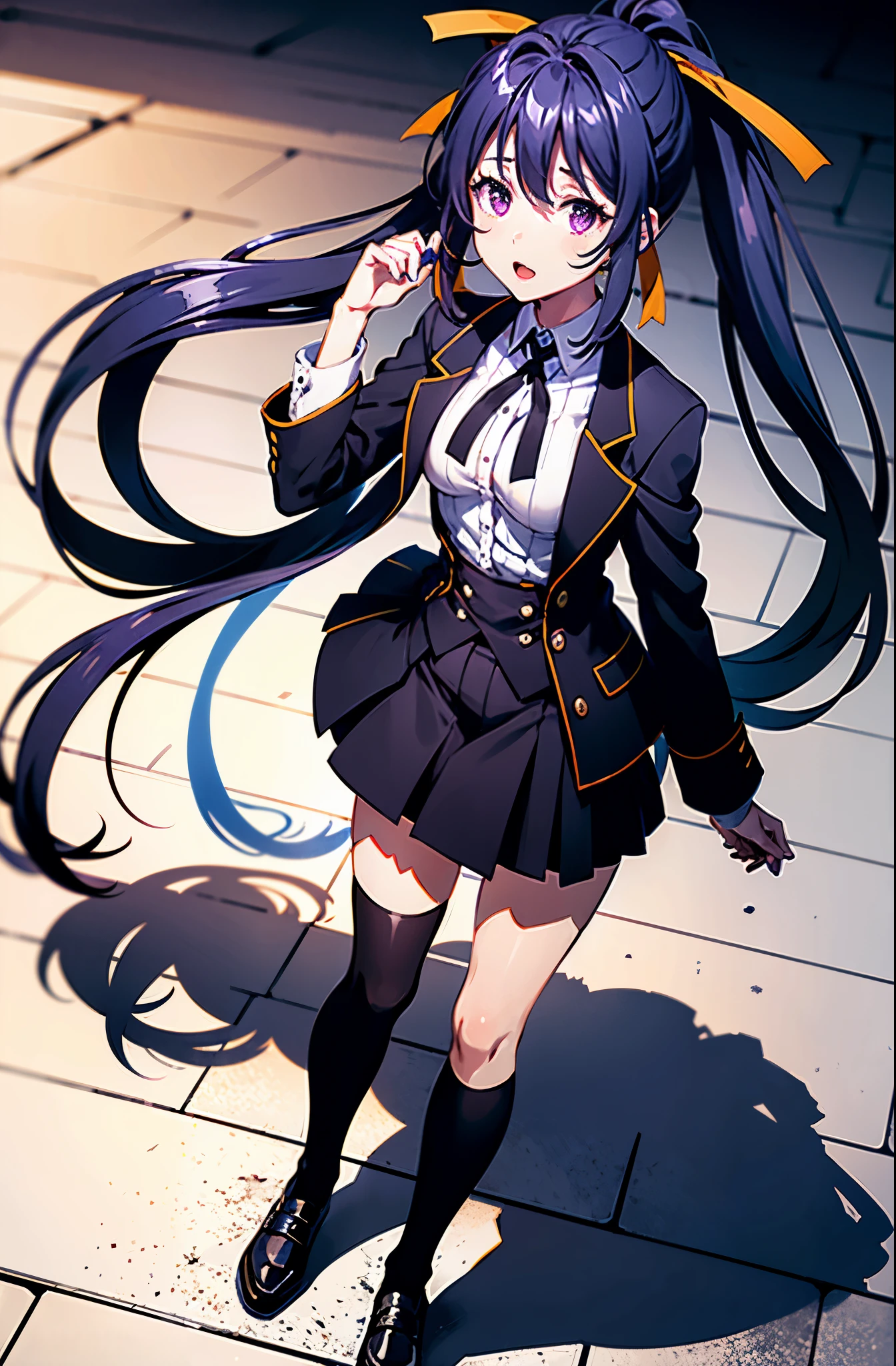 akane, 1girl, solo, long hair, skirt, large breasts, black hair, ribbon, very long hair, school uniform, blue hair, purple eyes, full body, hair ribbon, ponytail, socks, masterpiece, 