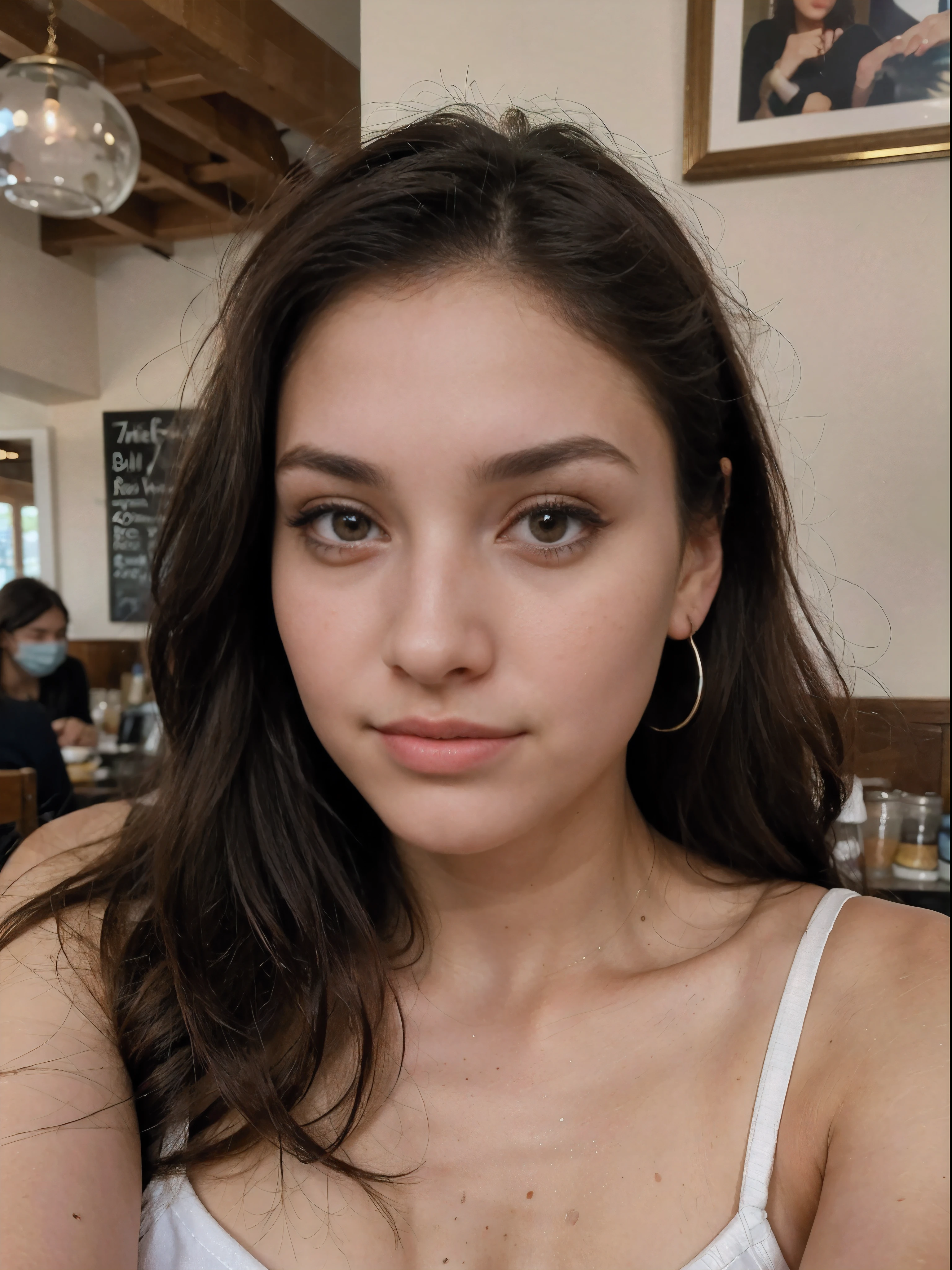 Photo of a 20 year old brunette woman, that  has a very natural face,  thin lips, thin eyes, thin eyebrows, thin nose, earrings, long eyelashes. She makes a cute selfie in a cafe