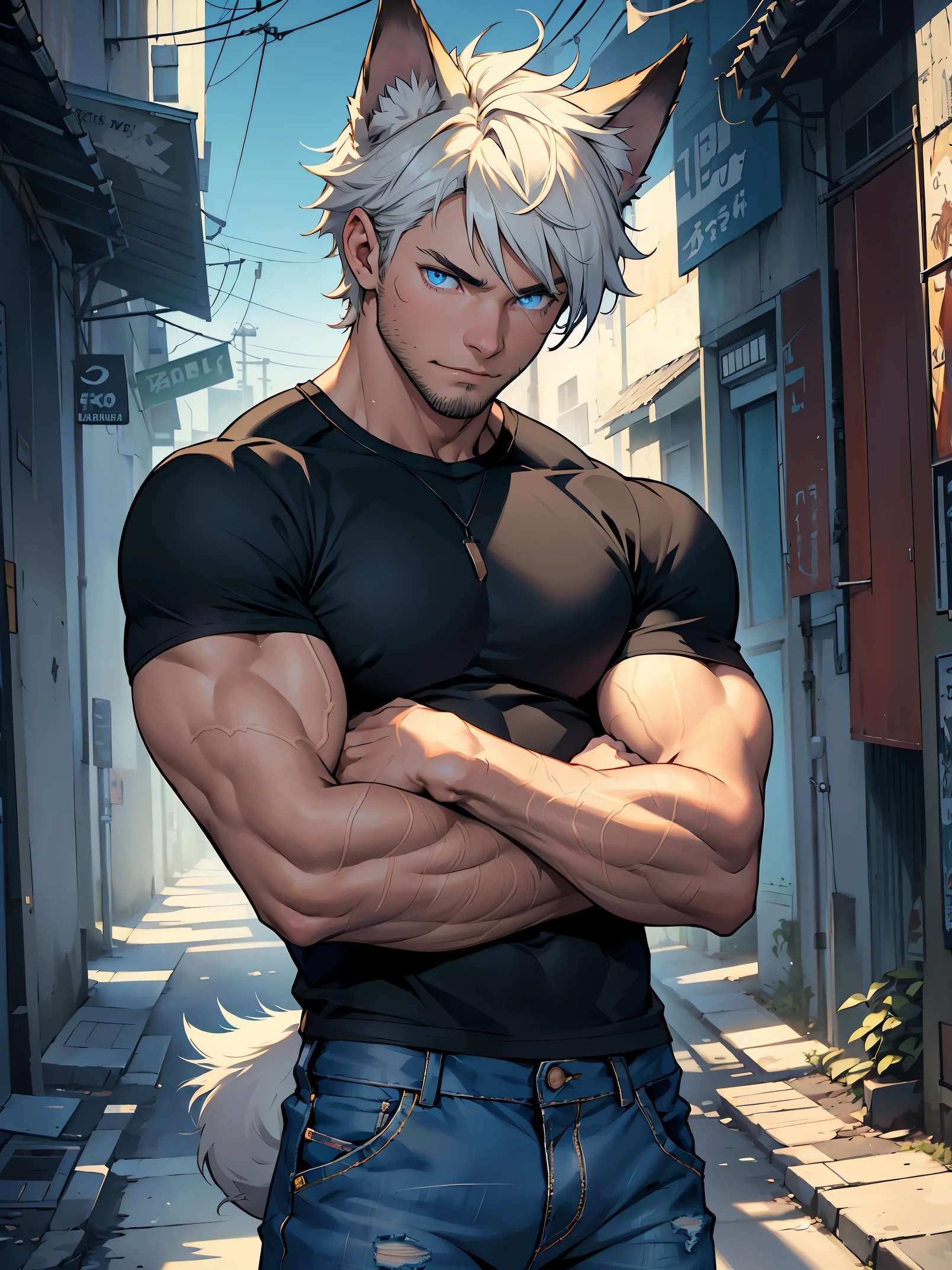 young Muscular man wearing only a pair of torn jeans, There are dog ears, glow blue eyes, There light stubble, a dog tail, Alone, Alone, (Alone)(Alone) Upper body, semblusa, (semblusa)