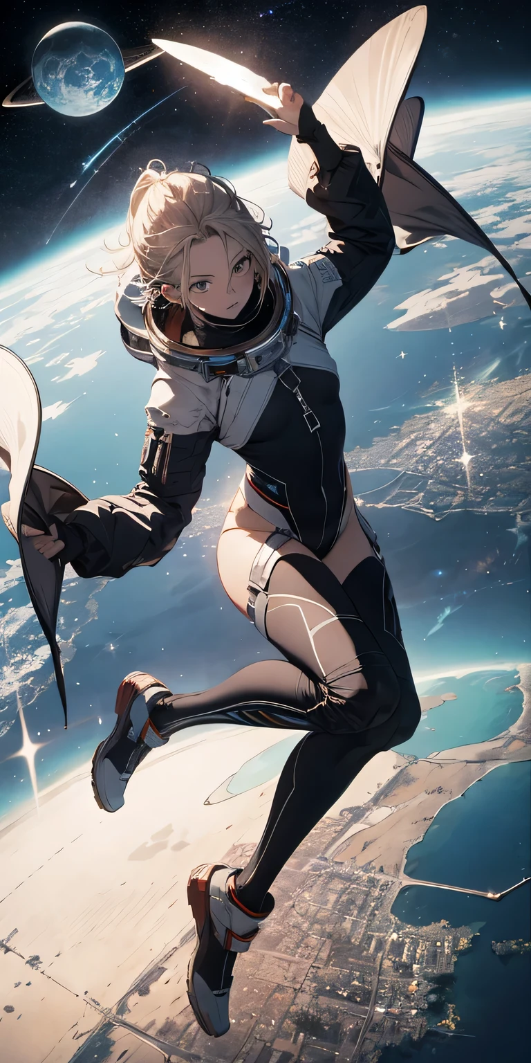 (masterpiece, best quality:1.2), (cowboy shot:1.1), solo, 1girl, mori yuki, slight smile, closed mouth, looking at viewer, blonde hair, thigh gap, (unzipped bodysuit:1.5), slight smile, leaning forward, side view, yellow bodysuit, skin tight, belt, large window, (starship porthole:1.3), from front, (spread legs:1.3), (standing:1.1), starship interior, (outer space view:1.1), (orbital view:1.3), (night, stary sky:1.5), milky way