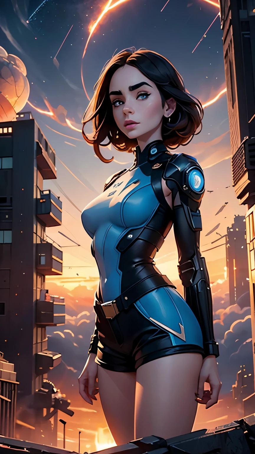 Lily Collins,Tall figure,skin,Upper body shorts,Dark shorts,Complex workmanship,icon,company logo,large sphere,Emit blue light,background with,future technology,cyberpunk city,Large mechanical building,big gear,doomsday ruins,giant tornado,Blue sky and white clouds,lightning thunder,sunset fire cloudultiple planets,end of the world,giant tornado