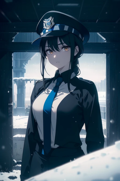 ((Obra maestra, La mejor calidad, ultrahigh resolution)), 1girl, standing, confidant stance, (((((police officer, wearing blue police uniform, police unifrom)))), (((wearing beat cop hat))), (black, black beat cop hat), (((black hair, dark black hair))), long hair cut, pale skin, ((brown eyes)), glowing_eyes, neon eyes, (ultra detailed eyes:0.7, beautiful and detailed face, detailed eyes:0.9), ((centered)), smile, ((wide shot)), facing viewer, eye level, ((vibrant background, snowy landscape, cityscape, snowing, snow)), flat chested, looking at viewer, ((half closed eyes)), ((perfect hands)), ((head:1, armored arms, hips, elbows, in view:1)), (((hands behind back))), empty eyes, beautiful lighting, outside, outdoors, background, defined subject, (25 years old), (head tilt), (((epic))), (((cool))), ((shaded face))