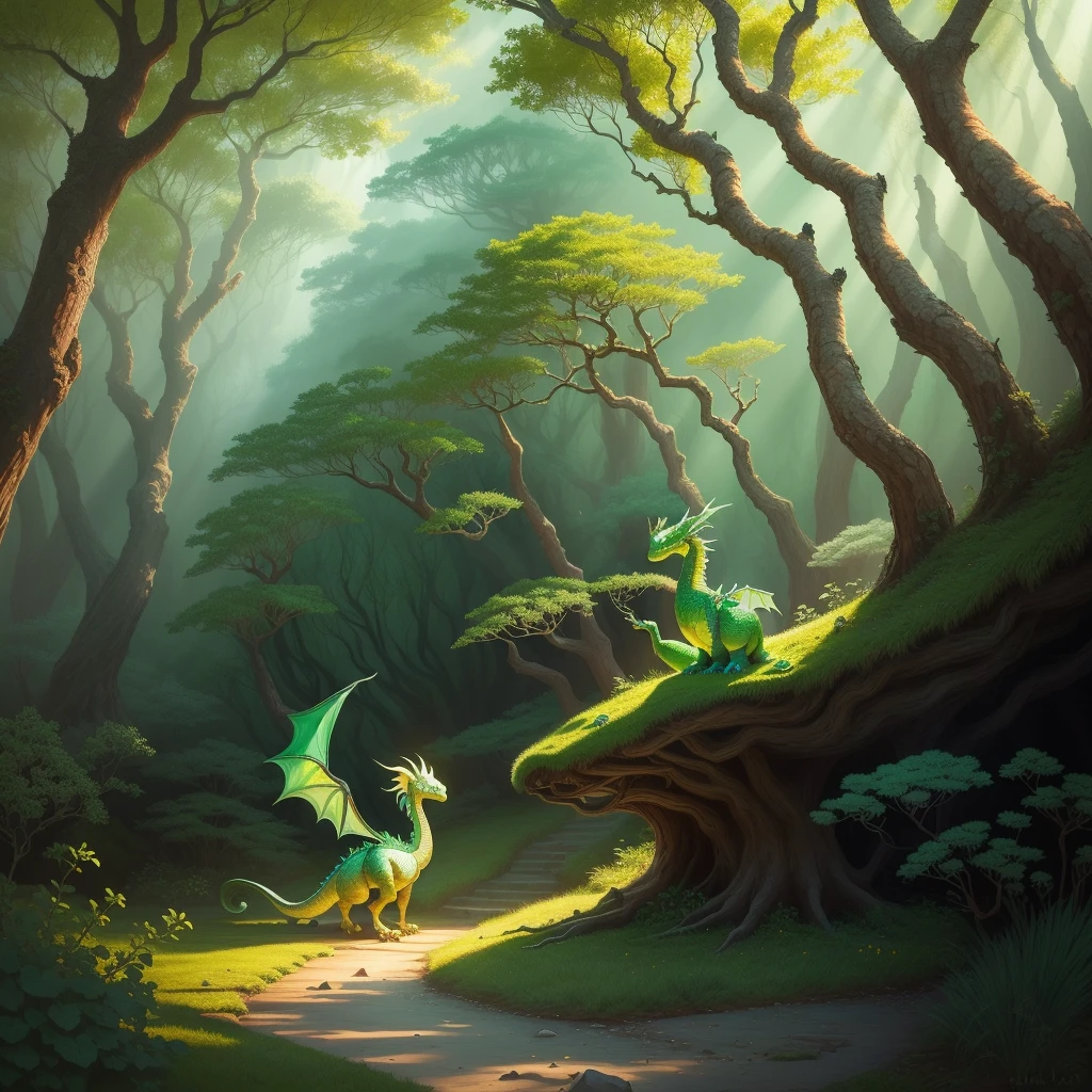 Draw a small friendly dragon in a magical forest. Dimasetyaaji@gmail.com