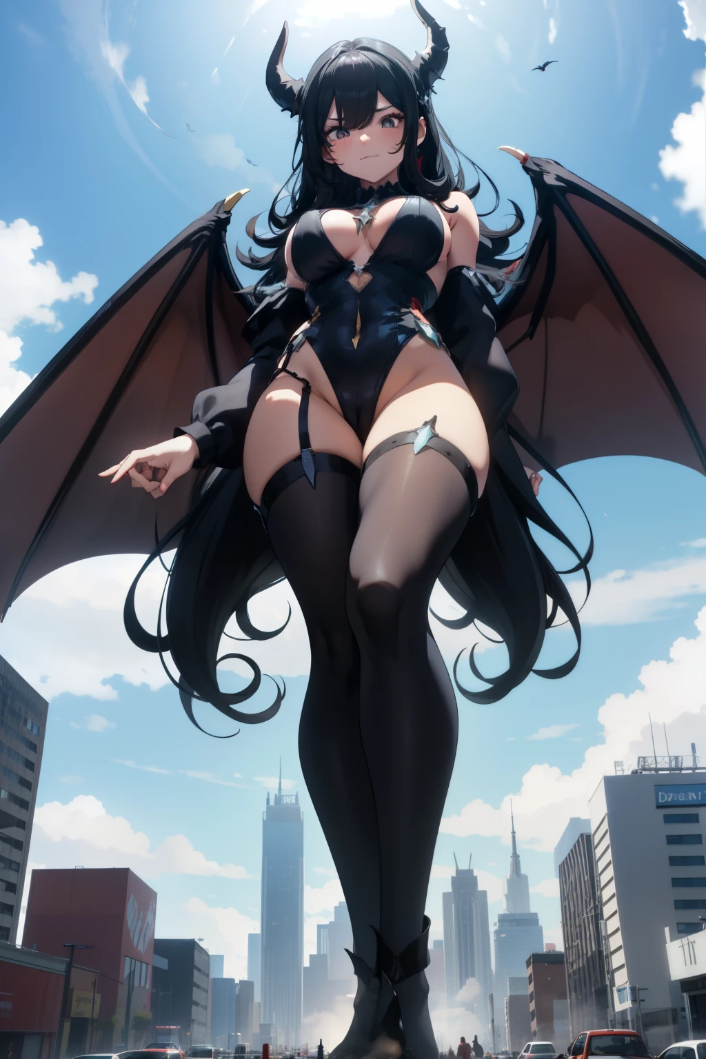 Giant girl 5000 feet tall, Has a pair of huge devil wings,Has waist-length black hair,hair scattered,Wear a pair of high heellack curly hair,A look of enjoyment,Standing upright in a small city