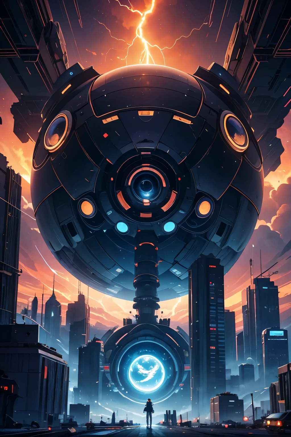 Lily Collins,Tall figure,skin,Upper body shorts,Dark shorts,Complex workmanship,icon,company logo,large sphere,Emit blue light,background with,future technology,cyberpunk city,Large mechanical building,big gear,doomsday ruins,giant tornado,Blue sky and white clouds,lightning thunder,sunset fire cloudultiple planets,end of the world,giant tornado