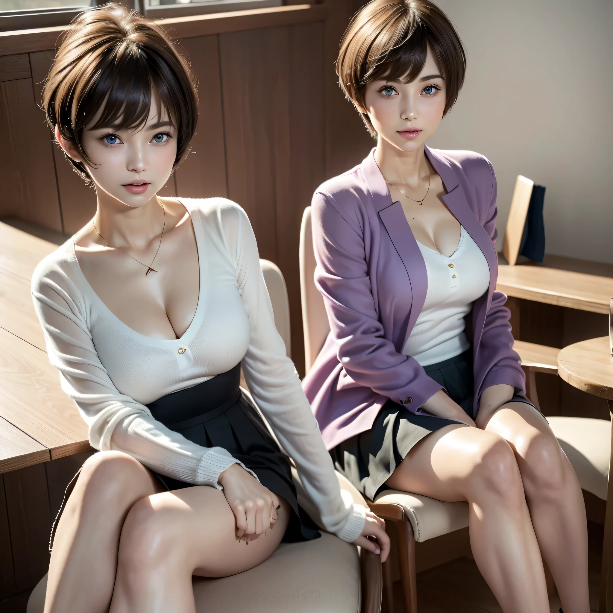 table top, highest quality, Photoreal, finely, High resolution, 8k wallpaper, perfect dynamic composition, beautiful blue eyes、Accurate representation of anatomical structures, (((pixie cut、wavy))), big and full breasts, random sexy pose,chest to chest、(Breast bulge 1.2)、laughter、open your mouth、resort scenery、(((42 years old)))、(droopy eyes 1.4)、 beauty、Japanese、(mole under left eye、Kuroko on the right side of the mouth)、delicate, masterpiece, beautiful details, colorful, exquisite details, delicateな唇, dense chest, (open jacket,shirt, skirt,tie, black pantyhose,Christian Louboutin), earrings, necklace, armband, (美feet, skinny, slim_feet, thigh_gap, model), Seen from the front, (cool expressions), dynamic pose up), (Sitting in a large office boss chair))