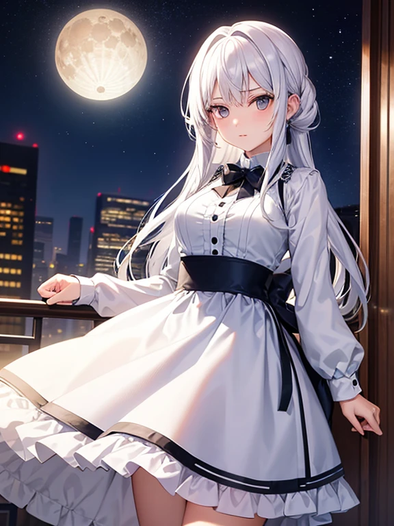  girl with white hair and white eyes wearing cloth suit for elegant party, mirando desafiante hacia la luna atra vez de una ventana 