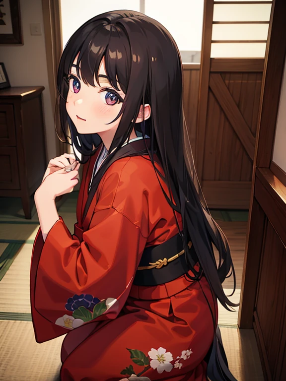  of Japan, 14, 
(maerpiece, side light, Beautiful detailed eyes: 1.2), portrait, realistic, 3d face, Glossy skin,
Japan red kimono, black long hair, dull bangs,
Japanese-style house, Are standing, cowboy shot, 
portrait,