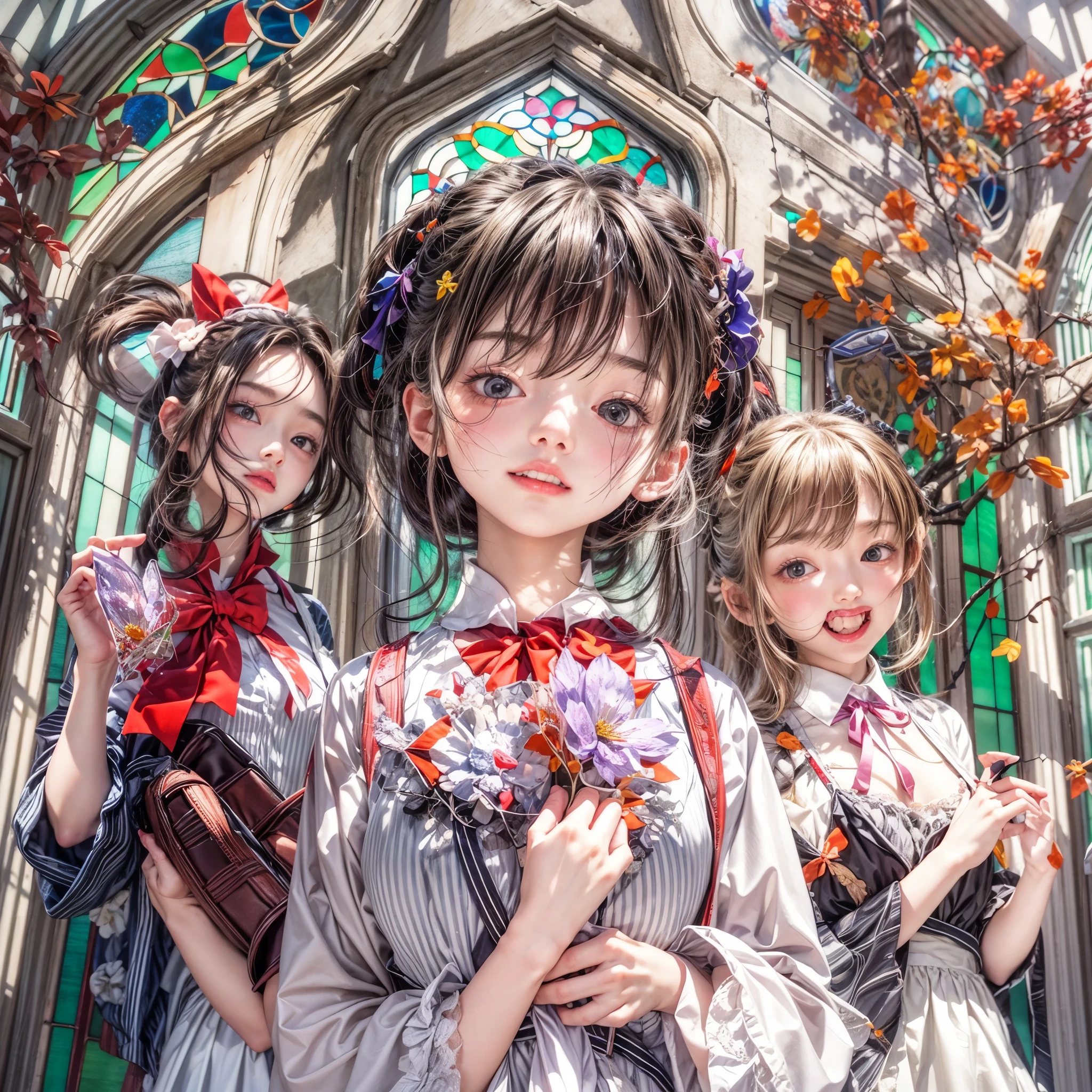 (White and Red, Acutance:0.8), Masterpiece, (physically-based rendering with ultra-detailed, (realistic and (photorealistic:1.37) with touch of rawness)). A group of KAWAII girls in opened school uniform without brassiere . ((extremely detailed KAWAII face variations) with joyful expressions), { Navel | pretty Ass | Overflowing underboob | White panties | (full of Flowers covering girl's body) | (Dazzling colorful stained glass with delicate details:1.2) } . (Exposed:1.2), ((nipple:-0.9)), (not Detailed fingers:-0.9) .