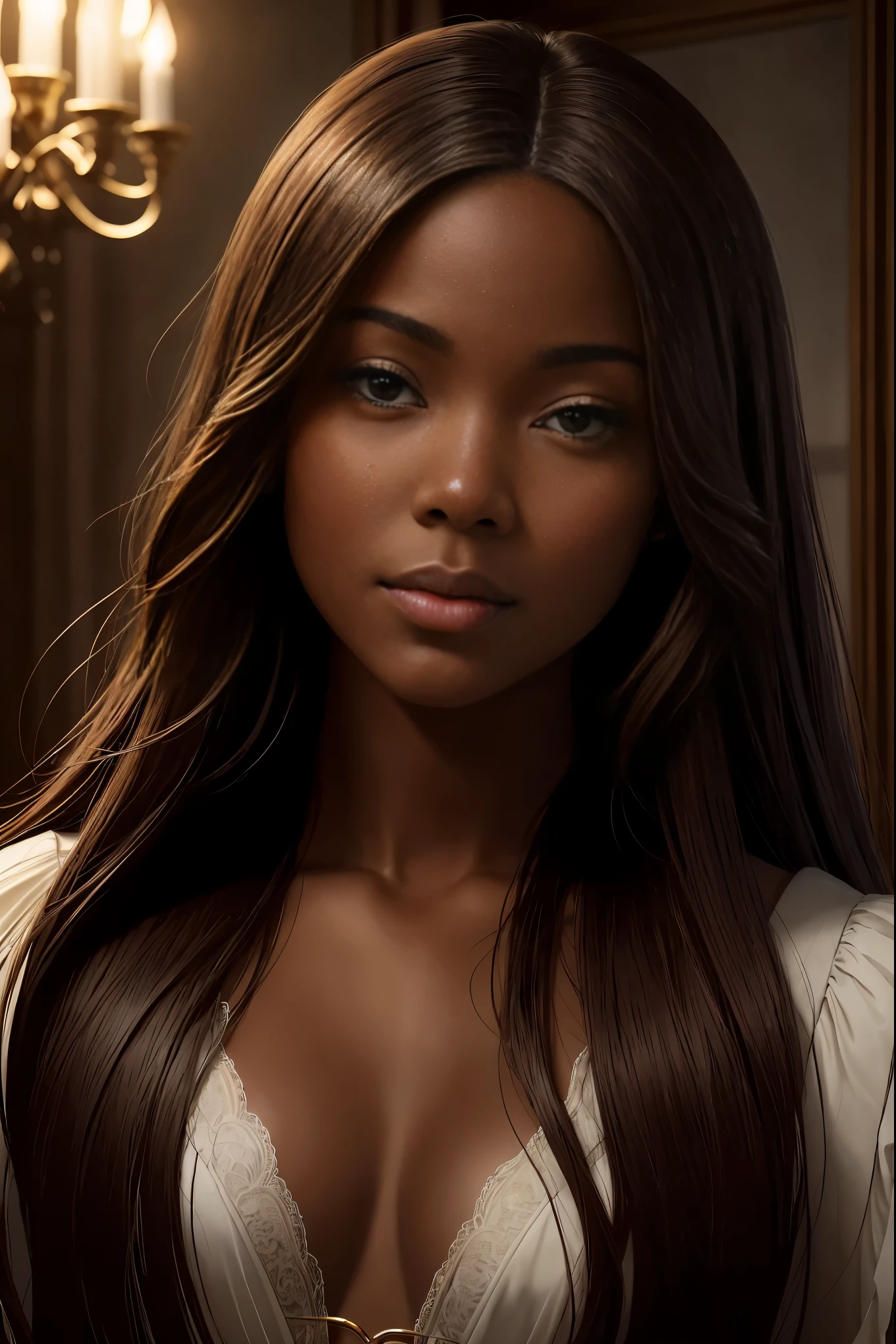 oil painting by Leonardo da Vinci, realistic photography, closeup face of Gabrielle Union with dark skin, long hair, her eyes are sweet and vibrant, her face symmetrical, rich coffee brown skin, soft torch luminosity on the face by REMBRADT, Adobe Illustration, Trending on Artstation, 8K, hd, cinematic, masterpiece, magnificent art, best quality, romanticism 