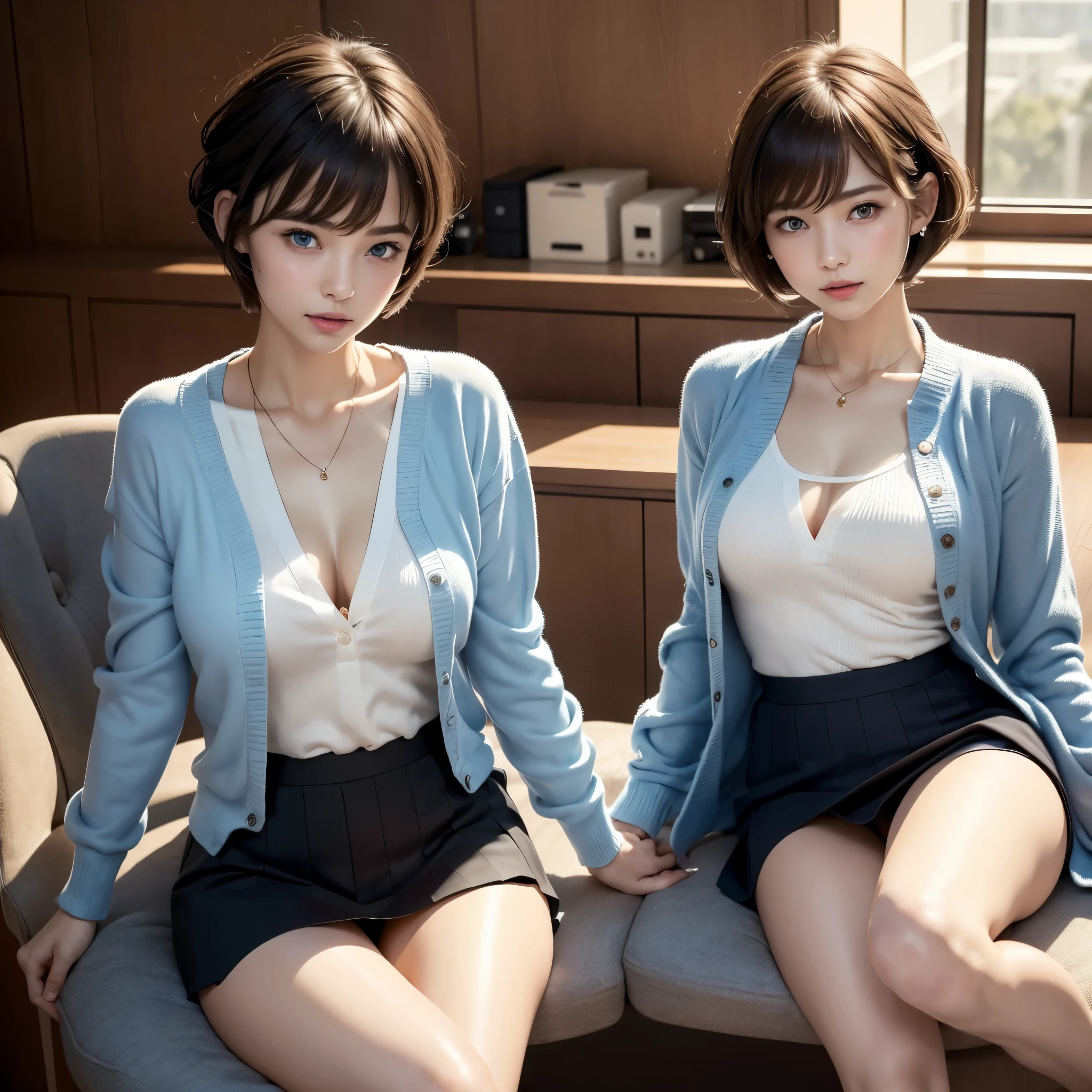 table top, highest quality, Photoreal, finely, High resolution, 8k wallpaper, perfect dynamic composition, beautiful blue eyes、(((1 female)))、Accurate representation of anatomical structures, (((pixie cut、wavy))), big and full breasts, random sexy pose,chest to chest、(Breast bulge 1.2)、laughter、open your mouth、resort scenery、(((42 years old)))、(droopy eyes 1.4)、 beauty、Japanese、(mole under left eye、Kuroko on the right side of the mouth)、delicate, masterpiece, beautiful details, colorful, exquisite details, delicateな唇, dense chest, (open jacket,shirt, skirt,tie, black pantyhose,Christian Louboutin), earrings, necklace, armband, (美feet, skinny, slim_feet, thigh_gap, model), Seen from the front, (cool expressions), dynamic pose up), (Sitting in a large office boss chair))