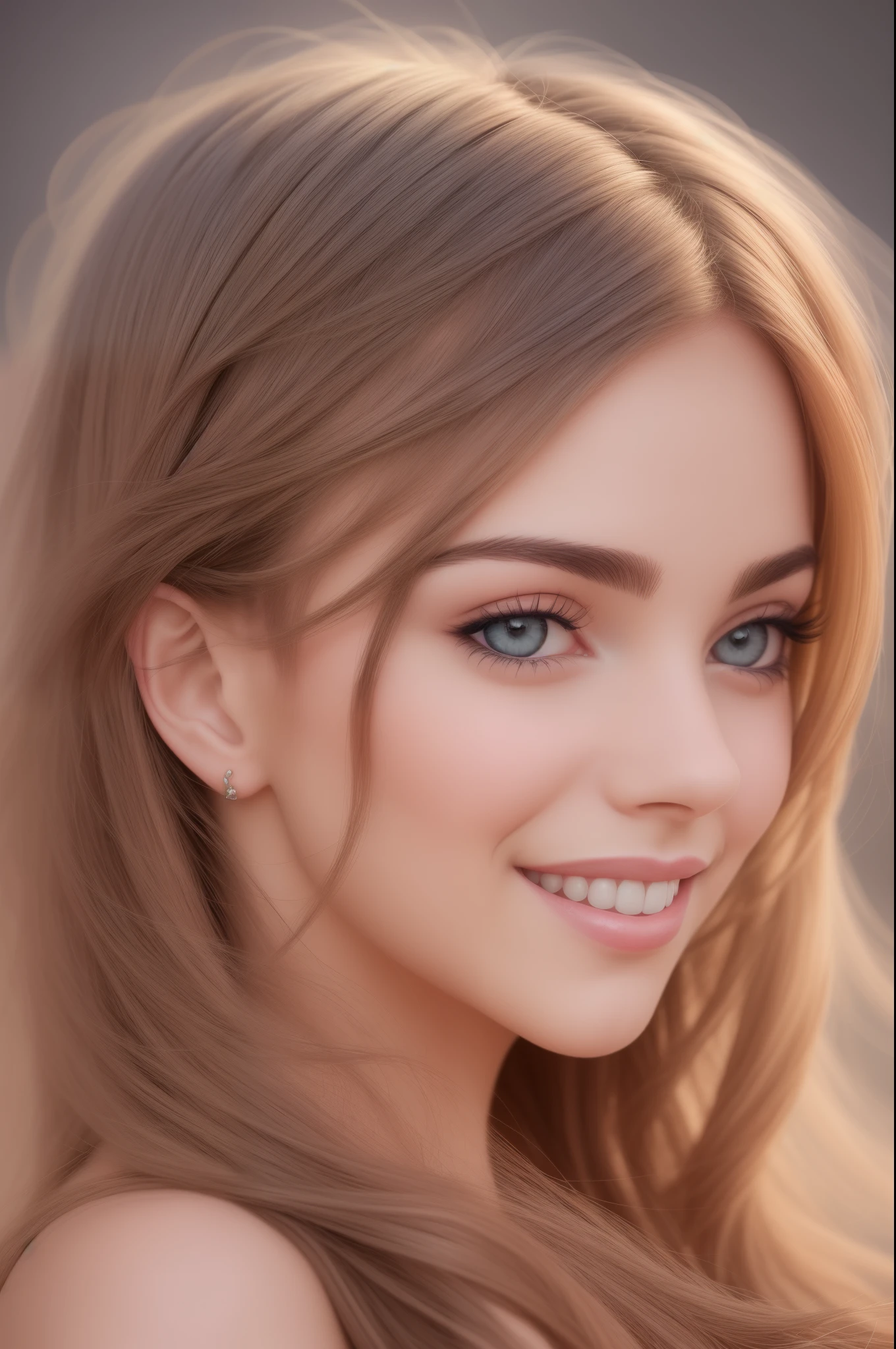 Professional photography smiling beauty portrait, beautiful eyes, long wavy hair, soft light, hair light, luxury gown, odalisque pose, painted background, soft focus filter, Gaussian blur effect —stop 80 --auto --s2
