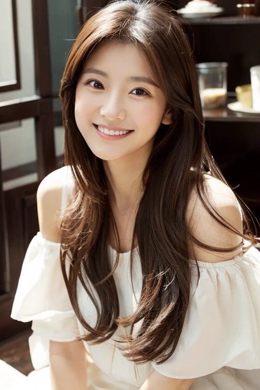 woman in her 30s、smile、wearing a white casual dress、long hair、Dark brown hair color、Upper body、Cafe、sitting facing the front、Calm atmosphere、Have a coffee cup