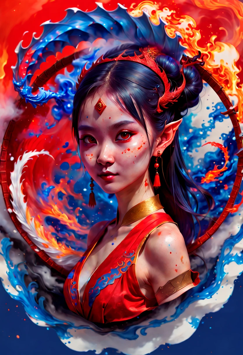 chinese colorful ink, flat color, (1girl, elf ear), hair ornament, illustration, portrait, ink splashing, colorful painting, inside red fire AND blue fire, circular fan background, (Floating), eastern dragon, octane render, (best quality, masterpiece, Representative work, official art, Professional, 8k:1.3)