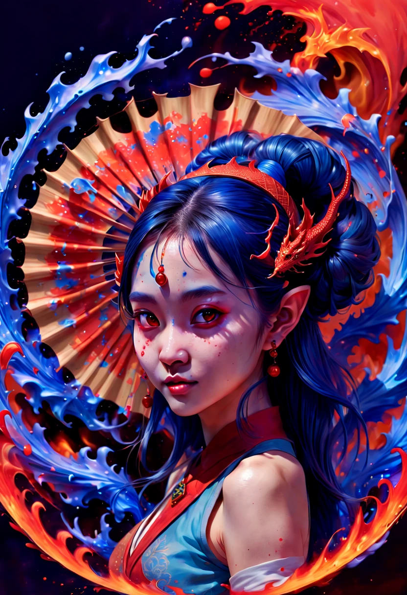 chinese colorful ink, flat color, (1girl, elf ear), hair ornament, illustration, portrait, ink splashing, colorful painting, inside red fire AND blue fire, circular fan background, (Floating), eastern dragon, octane render, (best quality, masterpiece, Representative work, official art, Professional, 8k:1.3)