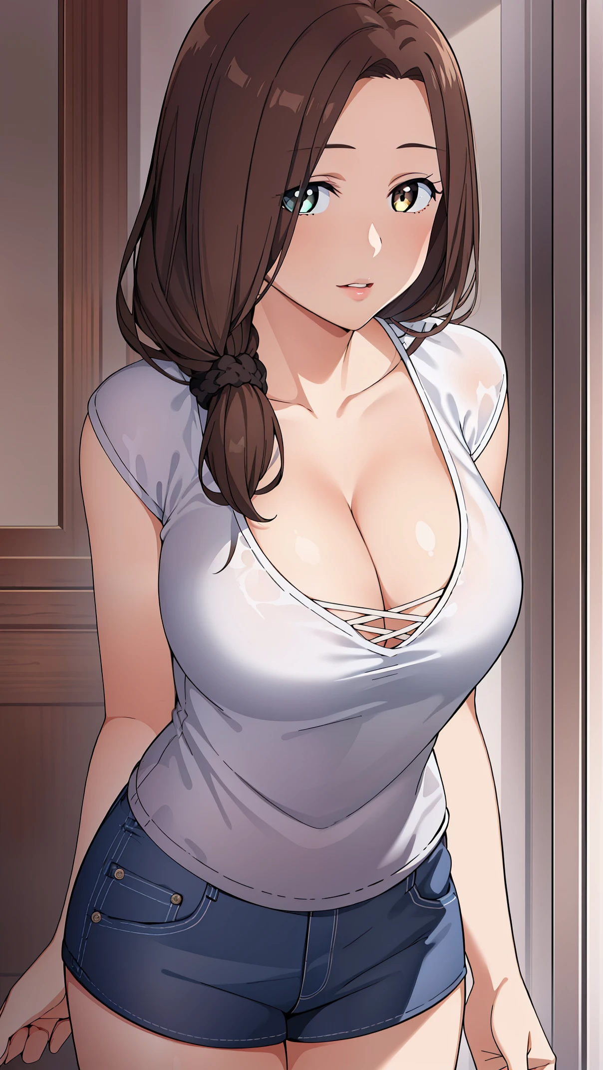 1girl, masterpiece, best quality, highly detailed, (illustration), brown hair, long hair, low ponytail, braid, parted bangs, looking at viewer, glossy lips, lips parted, perfect lighting, v-neck top, cleavage, cowboy shot, short shorts