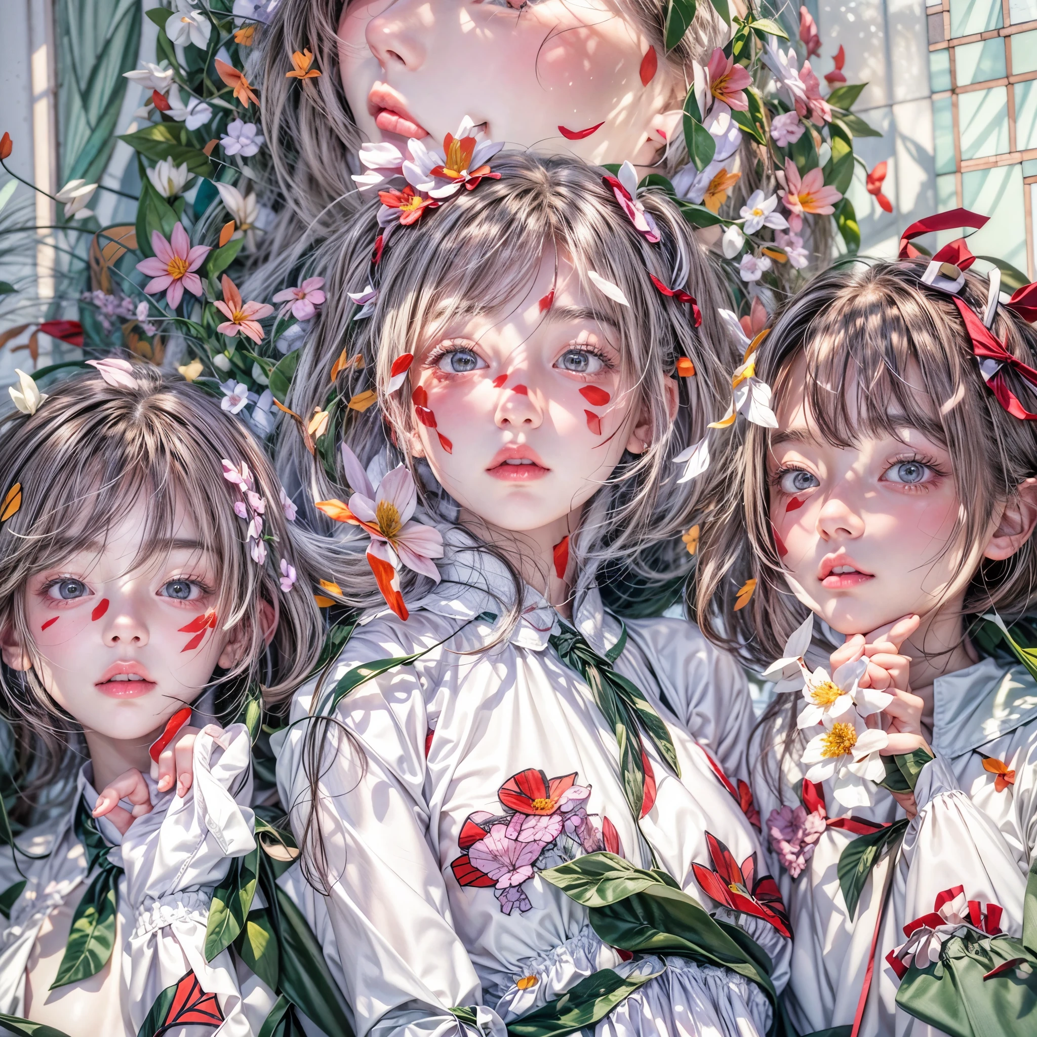 (White and Red, Acutance:0.8), Masterpiece, (physically-based rendering with ultra-detailed, (realistic and (photorealistic:1.37) with touch of rawness)). A group of KAWAII girls in opened school uniform without brassiere . ((extremely detailed KAWAII face variations) with joyful expressions), { Navel | pretty Ass | Overflowing underboob | (White panties) with blood only in crotch area | (full of Flowers covering girl's body) | (Dazzling colorful stained glass with delicate details:1.2) } . (Exposed:1.2), ((nipple:-0.9)), (not Detailed fingers:-0.9) .