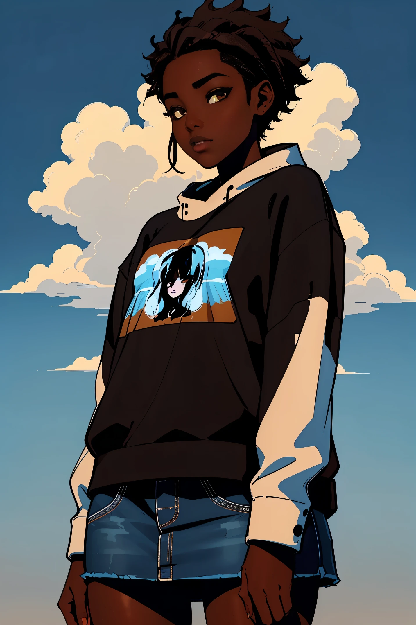 Dark skin ebony young woman in an oversized fuzzy fitted shirt, clearly defined brown eyes, perfect short cloud of black hair, sweet, deceptively shy, gradient blue vector clouds background 