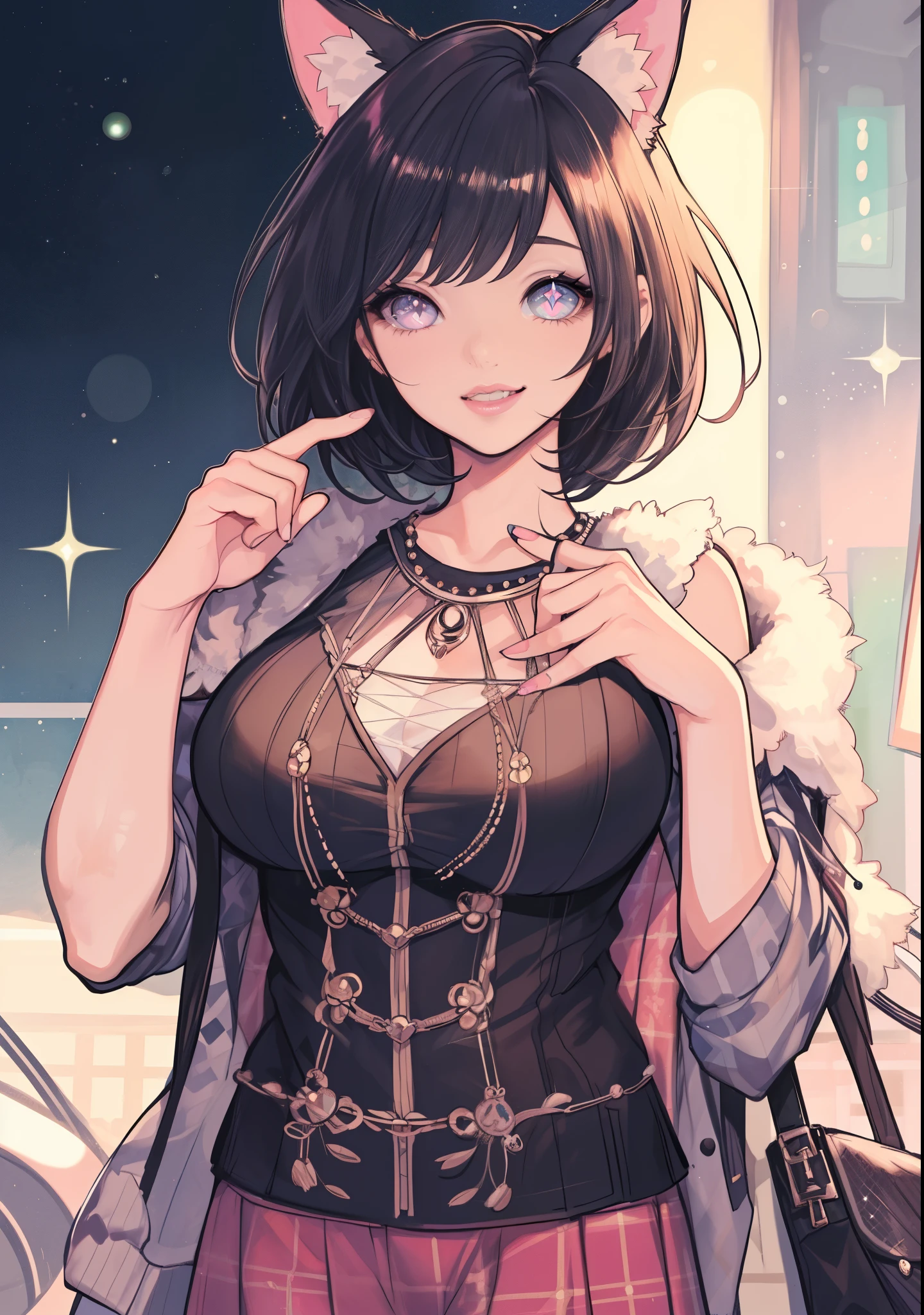 Cute girl with cat ears, short bob hair, black haired, sparkling eyes, false eyelashes, pink lips, laughter, big and full breasts, Cute casual outfit, Thumb and four fingers, anatomically correct fingers, Detailed description, Colorful,