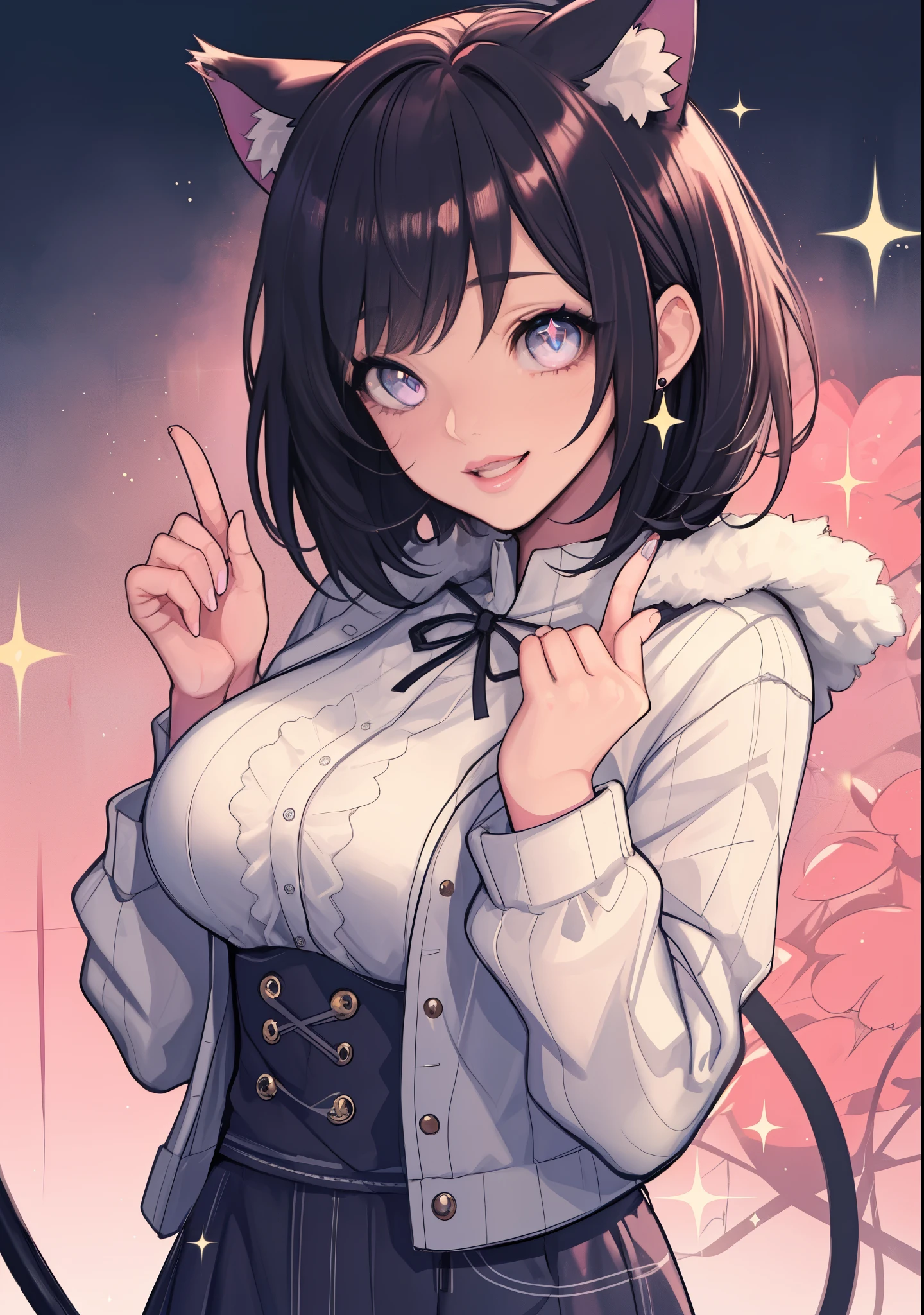 Cute girl with cat ears, short bob hair, black haired, sparkling eyes, false eyelashes, pink lips, laughter, big and full breasts, Cute casual outfit, Thumb and four fingers, anatomically correct fingers, Detailed description, Colorful,