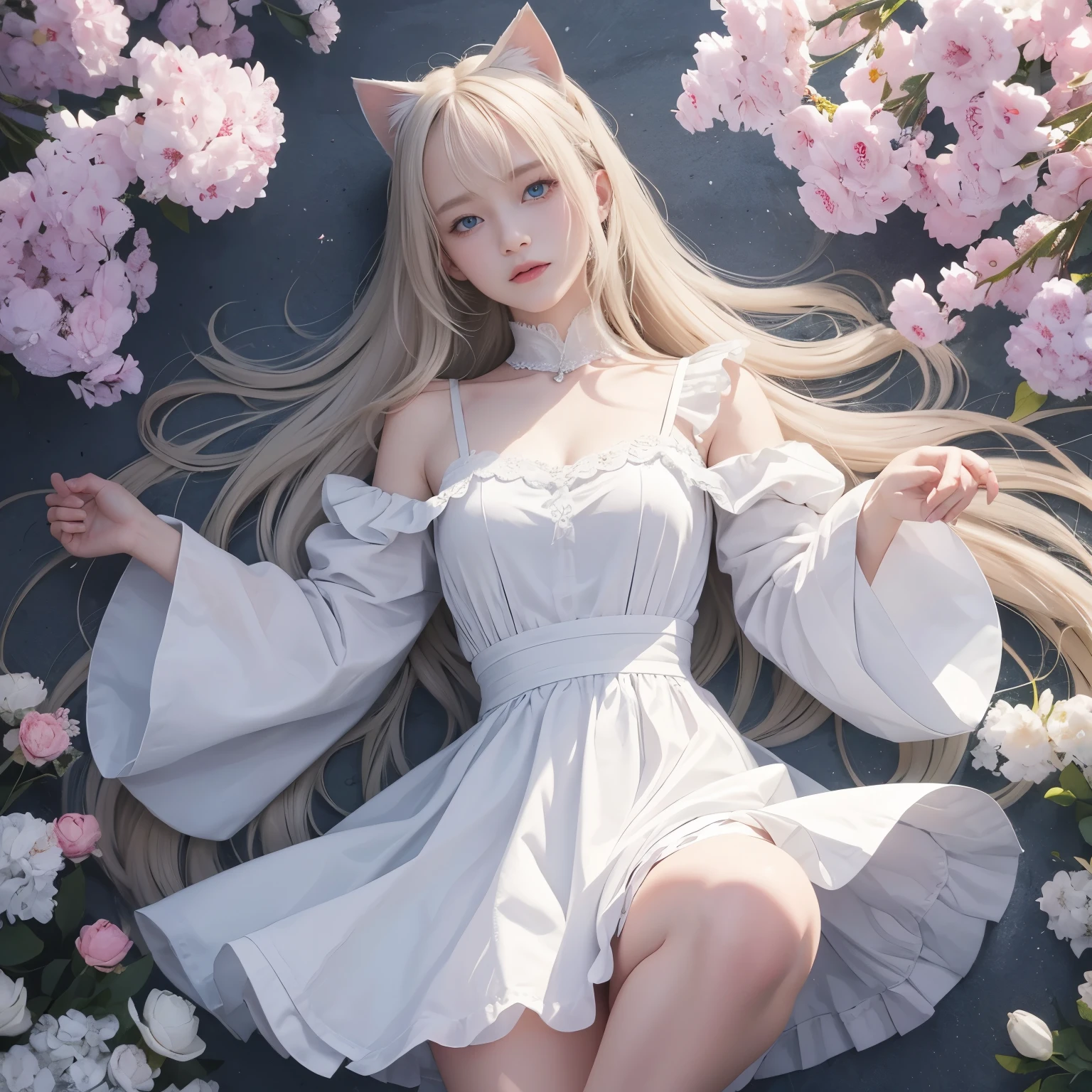 Bright expression、Photorealism、highest quality、超A high resolution、picture、絶妙に美しい北欧生まれの女の子のpicture、Extraordinarily beautiful girl、A cute and beautiful face down to the last detail、(Purelos Face_v1:0.008)、Beautiful Bangs、Alice in Wonderland、18-year-old、Glowing White Skin、Hair flowing down to the face、Bangs between the eyes、Super long hair、Glamorous light and dark platinum blonde super long straight silky hair、Beautiful bright transparent light blue big eyes that are charming and shining、White apron、Yellow Dress、eyeliner、double eyelid、Ample breasts、Two Girls、Cat ears、LOL、Short skirt、White lace underskirt、Pink Panties、